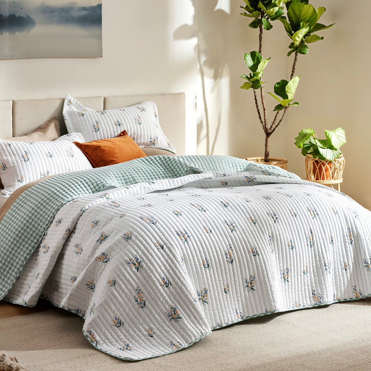 Bedsure Twin Quilt Set Dorm Bedding - Lightweight Floral Summer Quilt Twin Extra Long, Green And White Plaid Botanical Bedspread