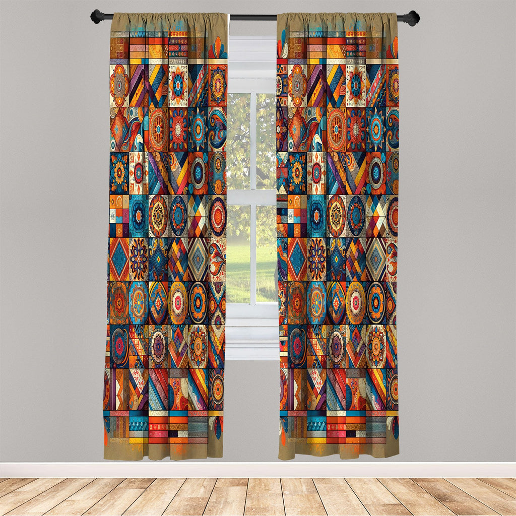 Ambesonne Bohemian Curtains, Patchwork Inspired Squares With Mandala Blooms And Folk Geometric Art, Window Treatments 2 Panel Se
