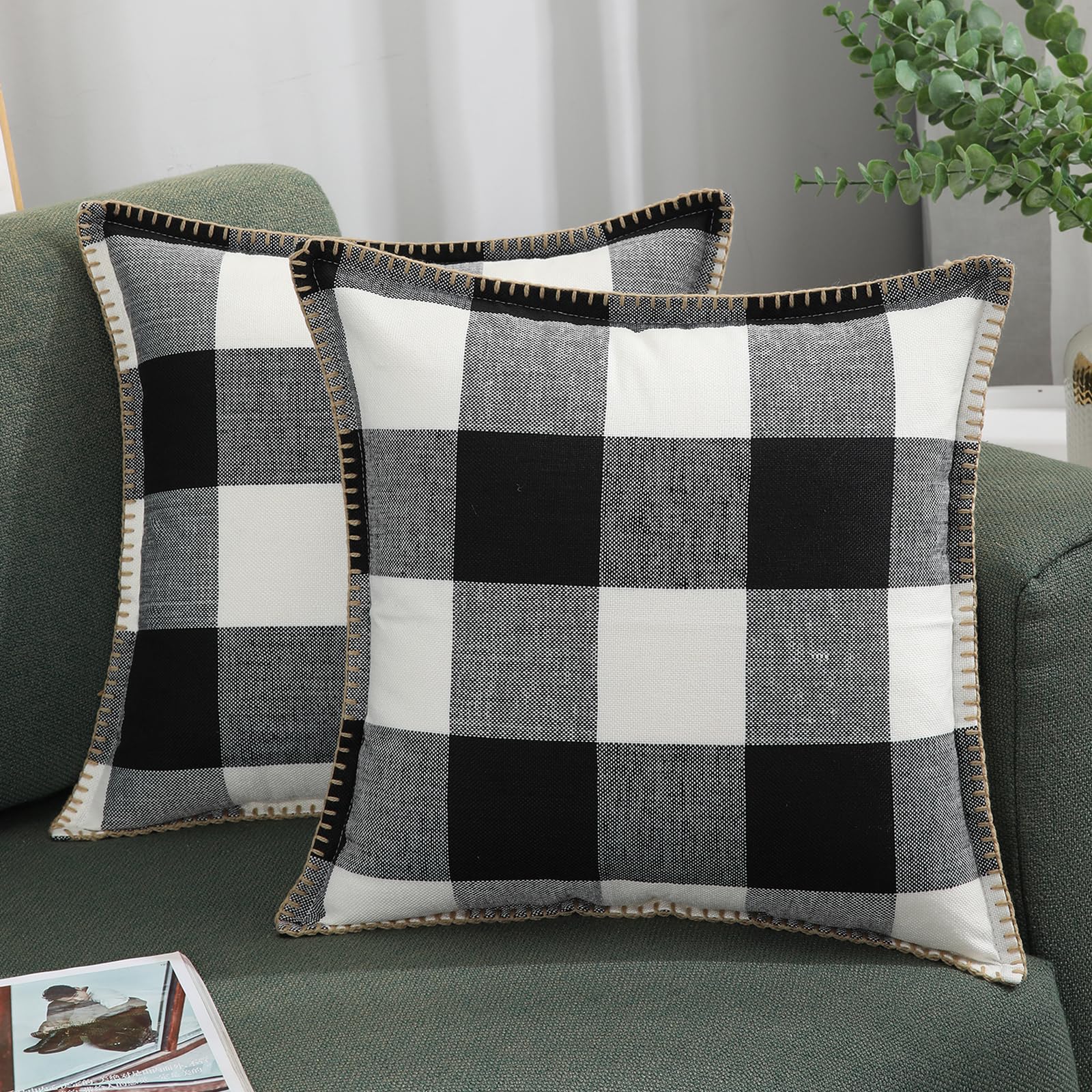 Decoruhome Fall Buffalo Plaid Check Throw Pillow Covers 22X22 Set Of 2, Outdoor Decorative Farmhouse Pillow Covers With Stitched