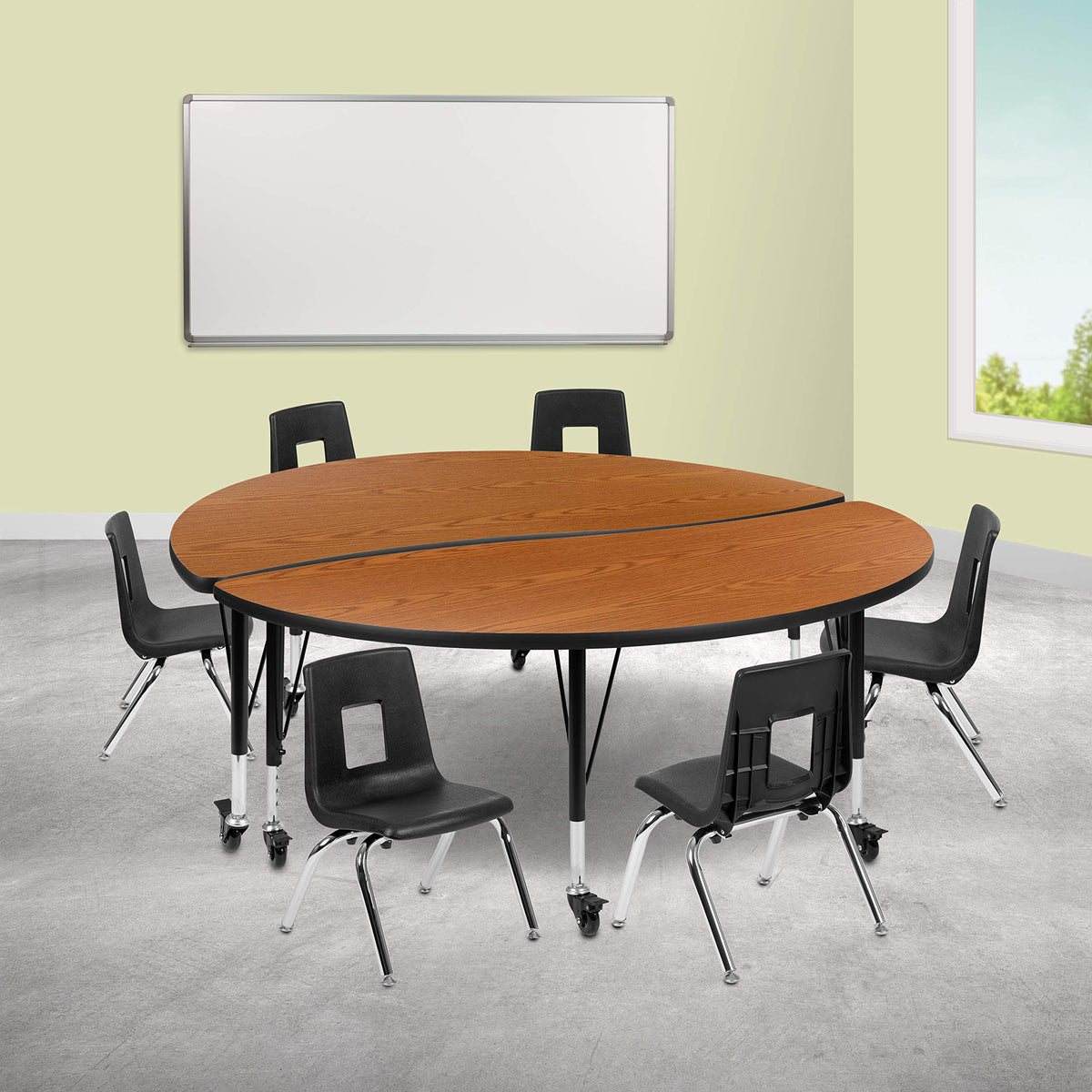 Flash Furniture Emmy Mobile 60&quot; Circle Wave Flexible Laminate Activity Table Set with 12&quot; Student Stack Chairs, Oak/Black