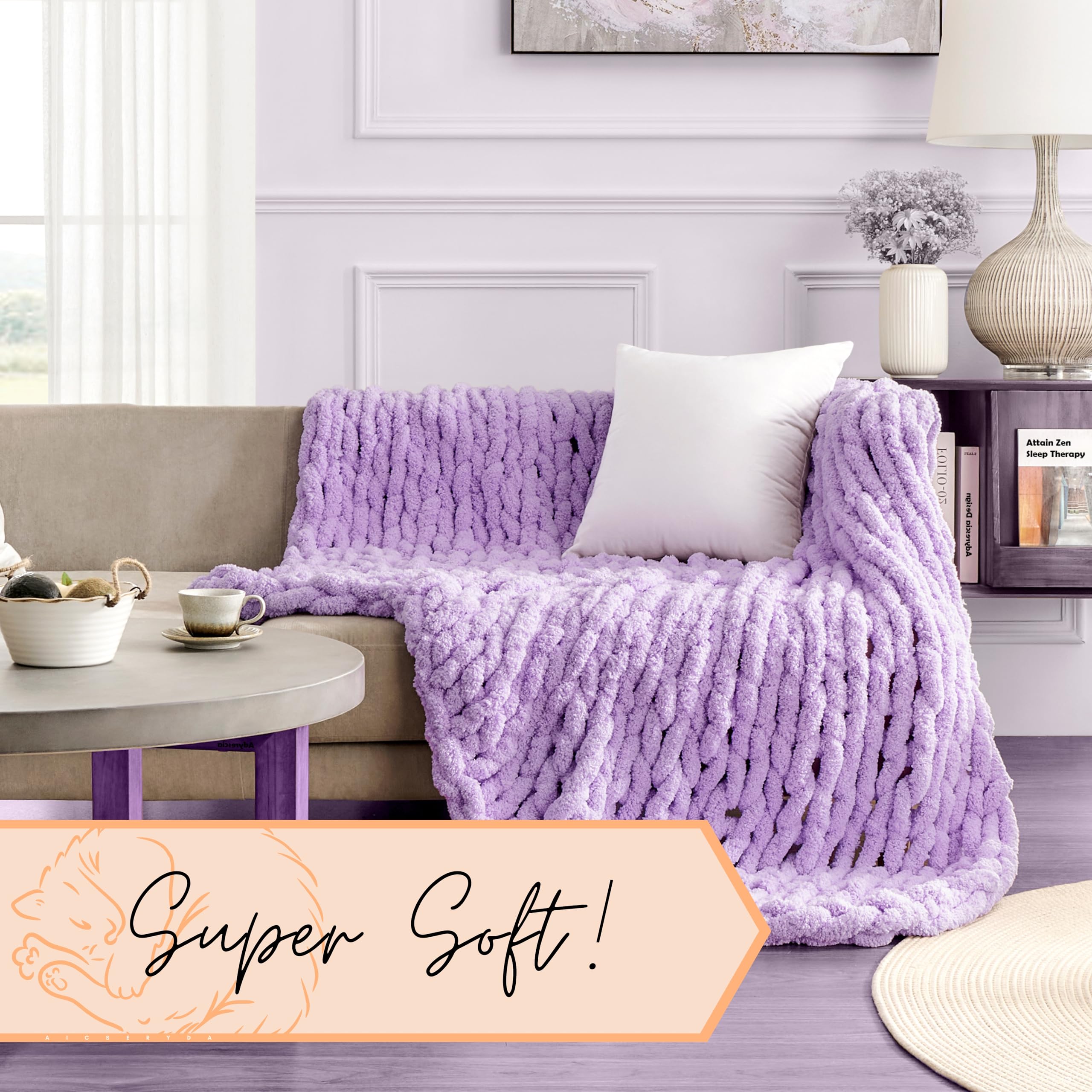 Adyrescia Chunky Knit Blanket Throw | 100% Hand Knit With Jumbo Chenille Yarn (50''X60'', Pale Purple)