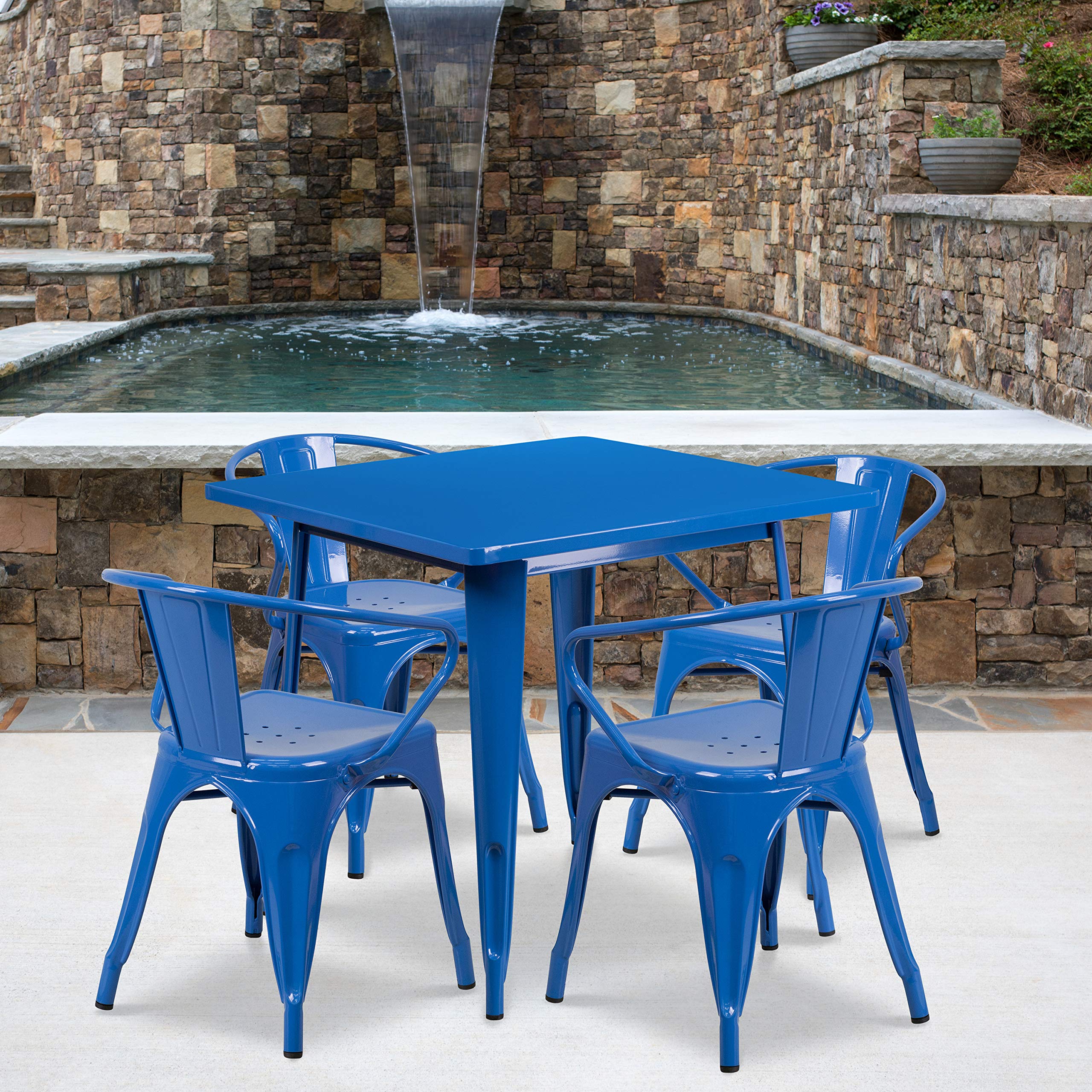Flash Furniture Commercial Grade 31.5&quot; Square Blue Metal Indoor-Outdoor Table Set with 4 Arm Chairs