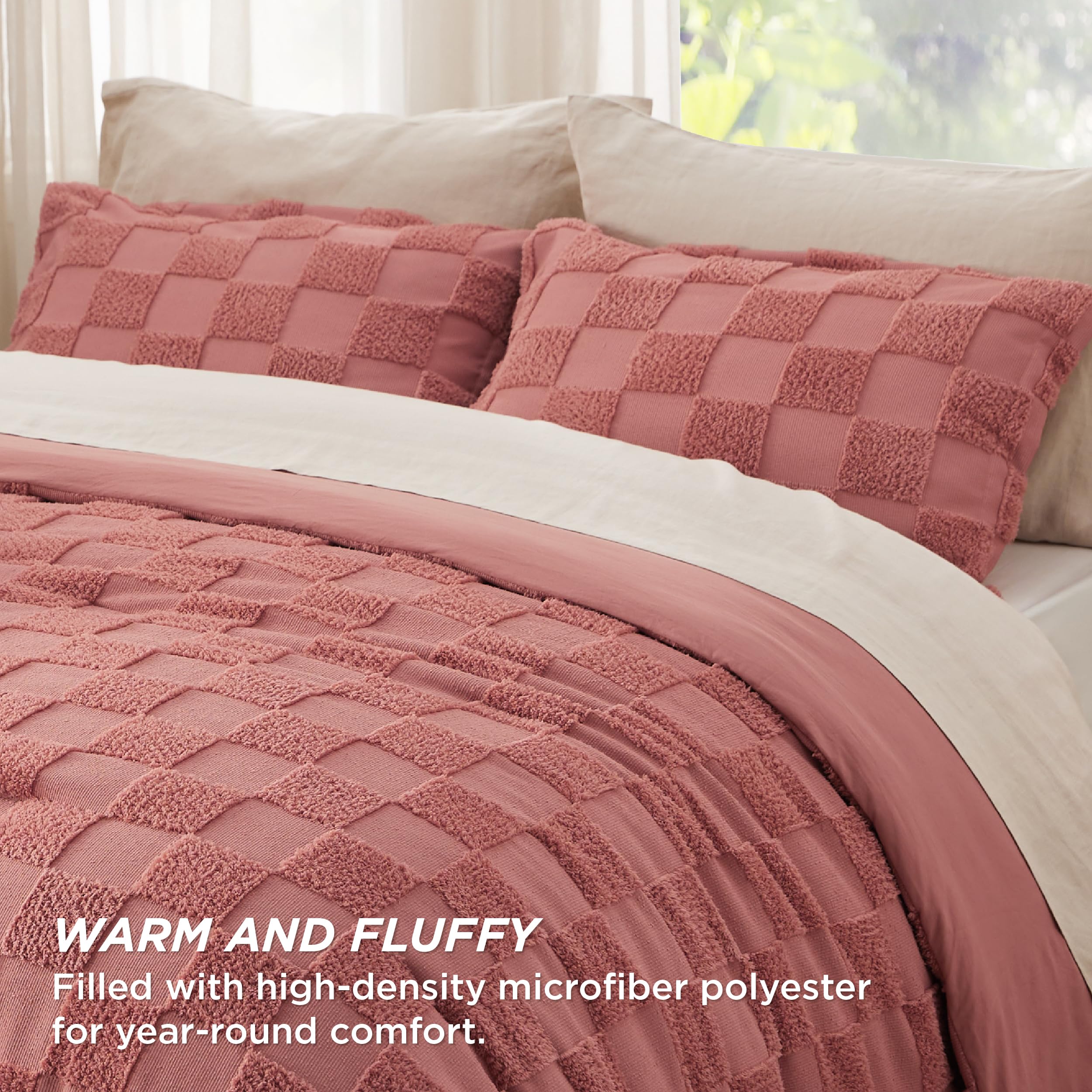 Bedsure Twin/Twin Xl Comforter Set Grayish Pink, Boho Tufted Bedding Comforter Set, Checkered Farmhouse Shabby Chic Bed Set, 2 Pieces, 1 Plaid Geometric Comforter And 1 Pillow Sham