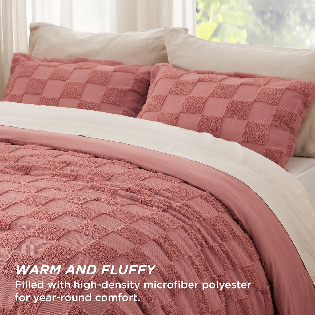 Bedsure Queen Size Comforter Set Grayish Pink, Boho Tufted Bed Set, Checkered Farmhouse Shabby Chic Bedding, 3 Pieces, 1 Plaid Geometric Comforter And 2 Pillow Shams
