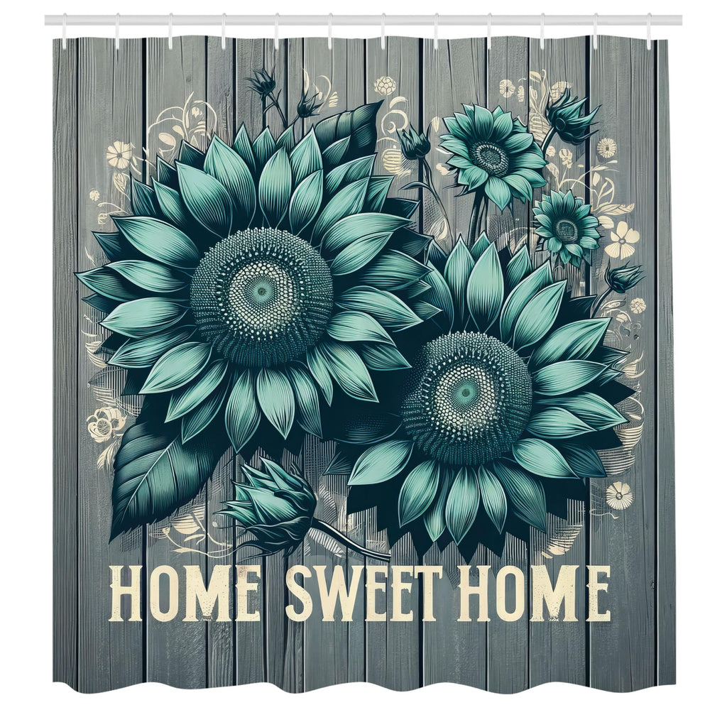 Ambesonne Teal Shower Curtain, Aquamarine Tone Sunflowers And Home Concept Phrase Modern Rustic Farmhouse, Cloth Fabric Bathroom
