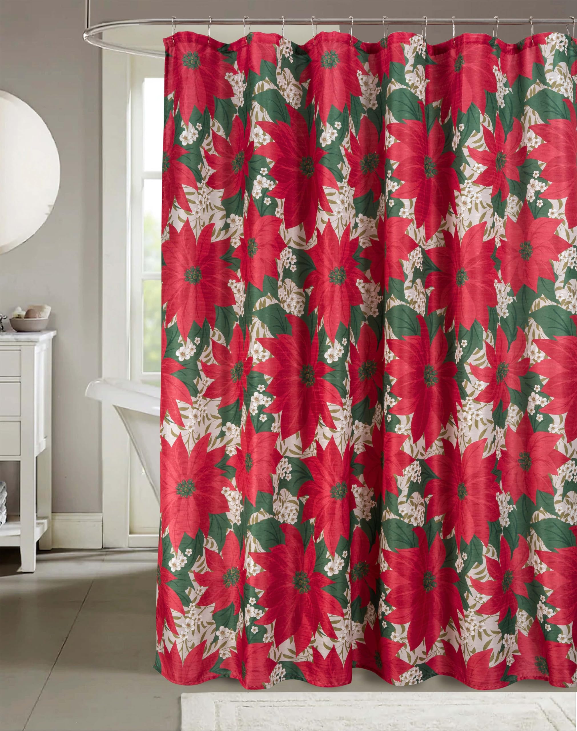 Serafina Home Holiday Christmas Shower Curtain for Bathroom: Elegant Fabric Holiday Flower Poinsettia with Jasmine Ornamental De