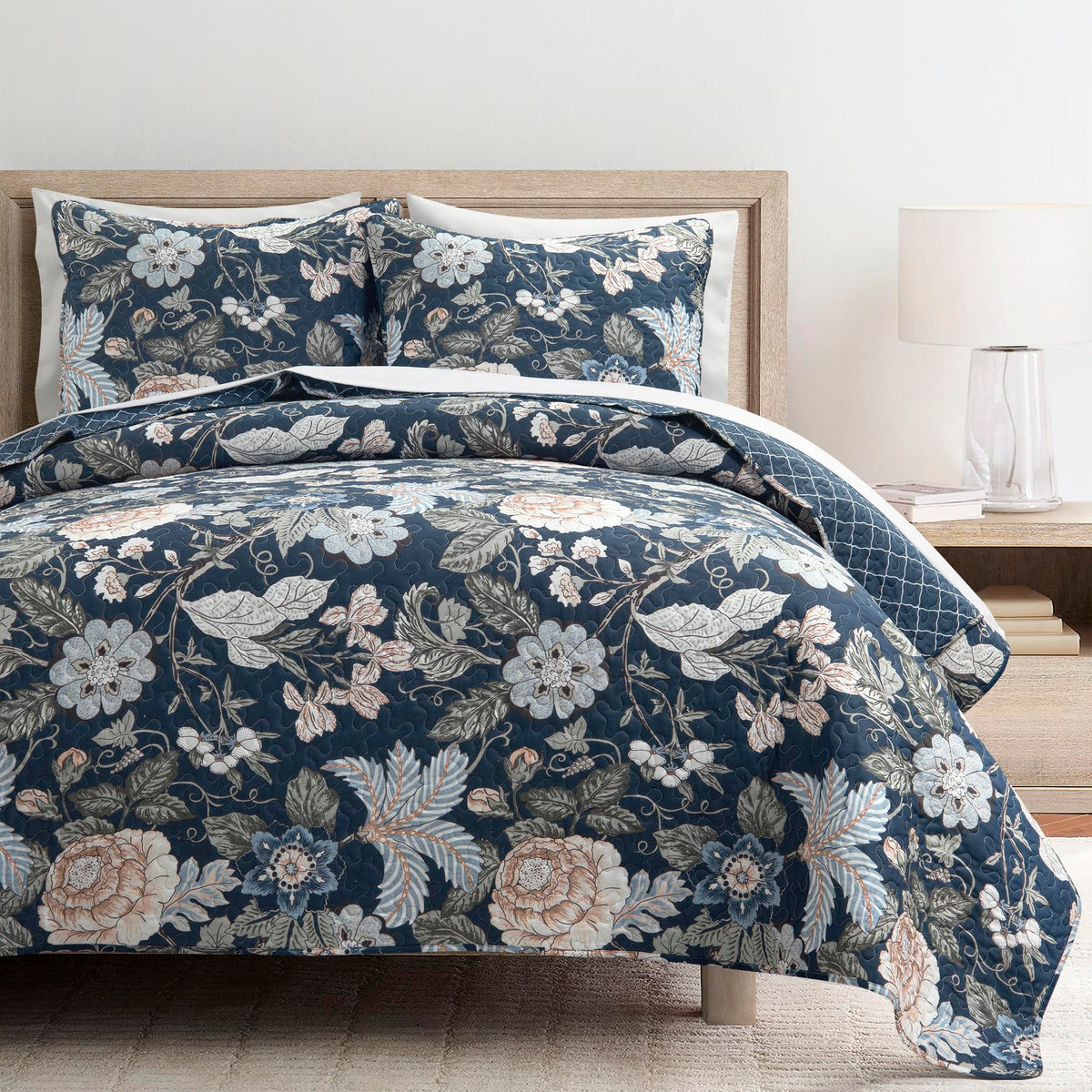 Lush Decor Sydney Reversible Cotton Quilt Navy/Multi 3 Piece Set Full/Queen - Soft Lightweight Printed Floral Bedding Set For Al