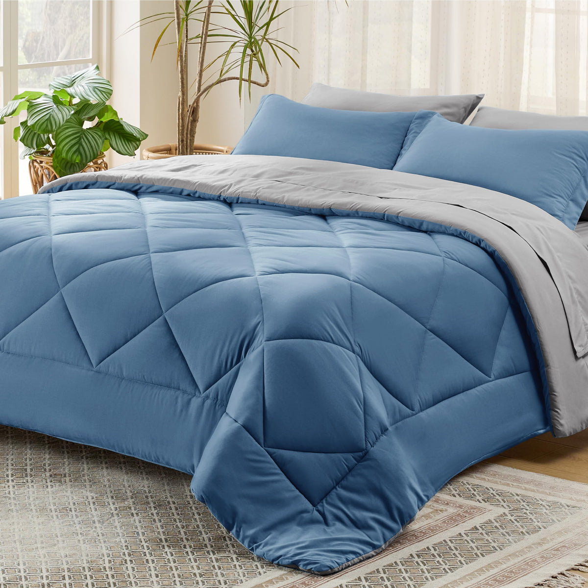 Bedsure Blue Comforter Set Queen - 7 Pieces Reversible Blue Bed In A Bag With Comforters, Sheets, Pillowcases & Shams, Queen Blu