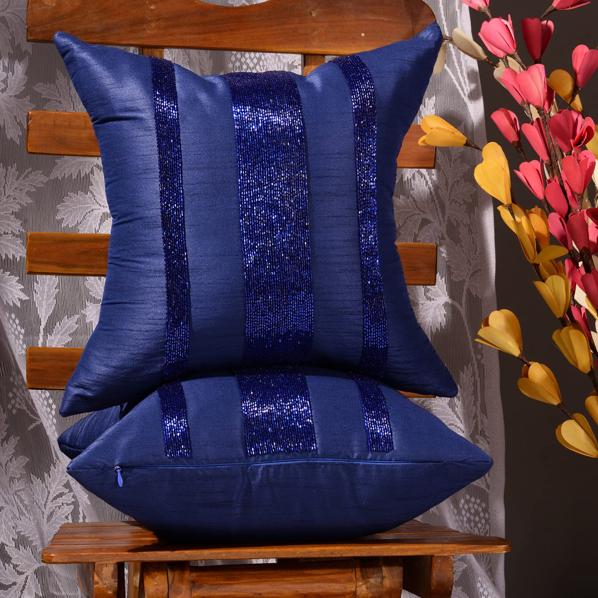 Scarlett Linens Beaded Cushion Covers 16X16 Inches | Blue Embroidered Cushion Covers Pack Of 1 | Festive Cushion Covers | Sofa P