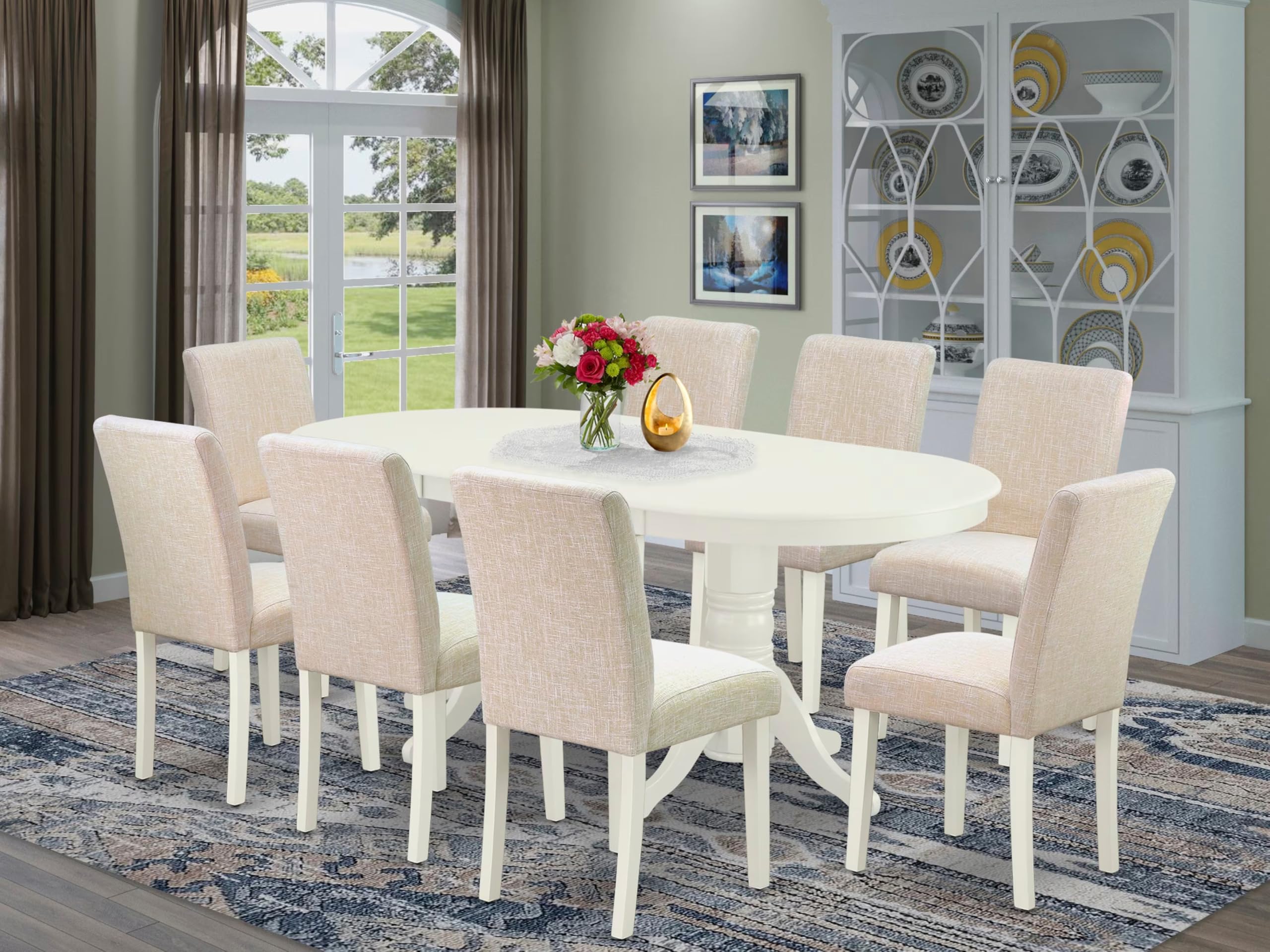 East West Furniture Vaab9-Lwh-02 9 Piece Dining Room Set Includes An Oval Wooden Table With Butterfly Leaf And 8 Light Beige Linen Fabric Parson Dining Chairs, 40X76 Inch, Linen White