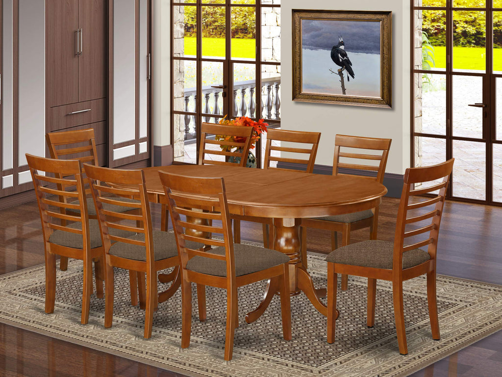 East West Furniture PLML9-SBR-C 9 Piece Kitchen Table Set Includes an Oval Dining Table with Butterfly Leaf and 8 Linen Fabric Dining Room Chairs, 42x78 Inch, Saddle Brown