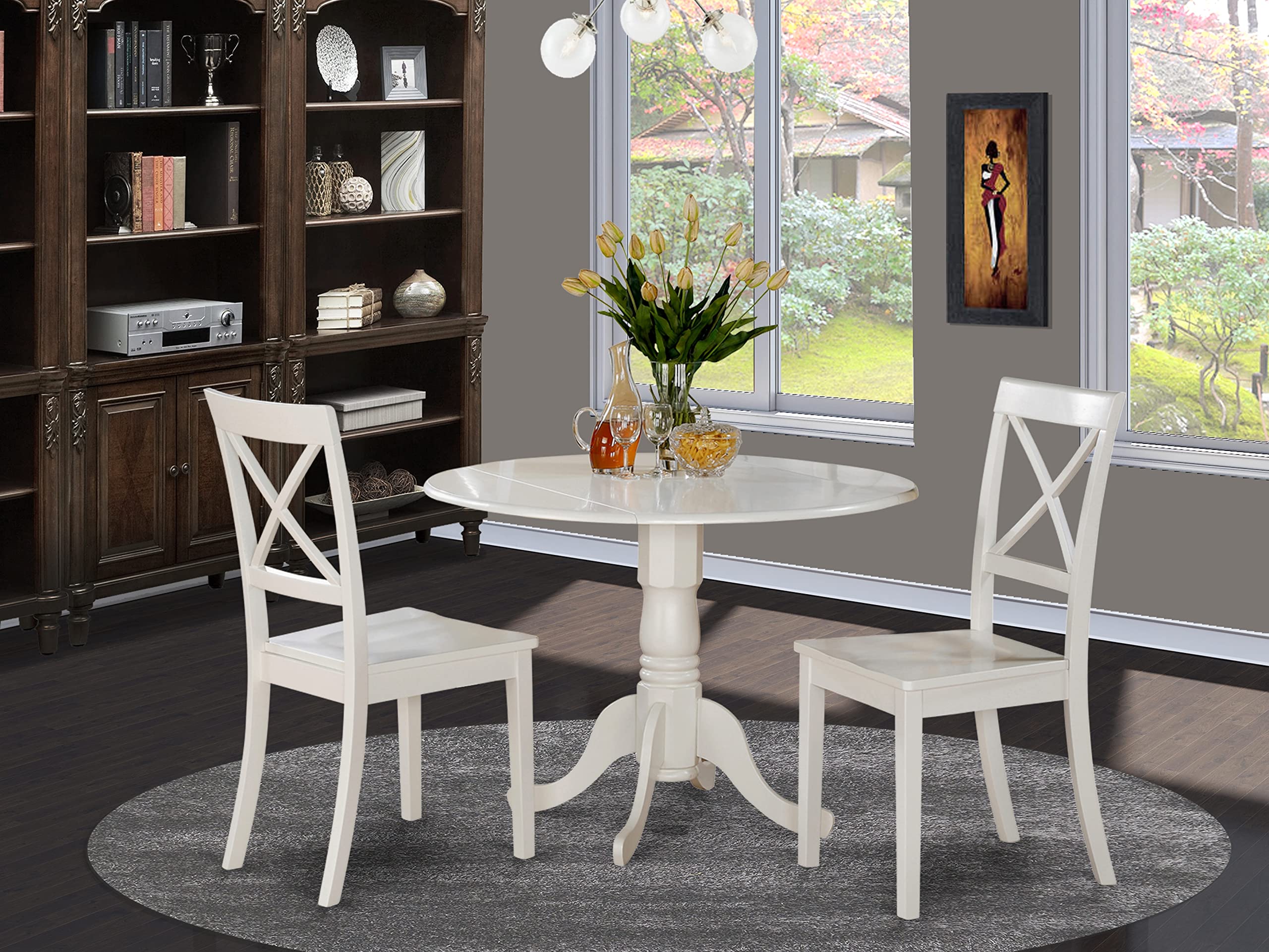 East West Furniture Dlbo3-Whi-W 3 Piece Dining Room Table Set Contains A Round Kitchen Table With Dropleaf And 2 Dining Chairs, 42X42 Inch, Linen White