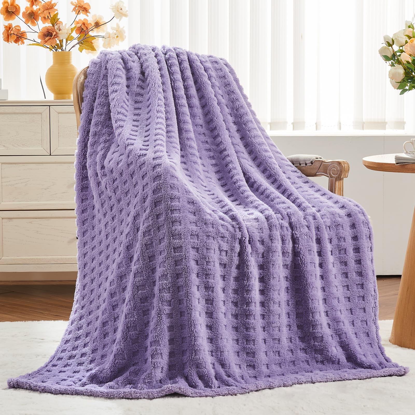 Newcosplay Super Soft Throw Blanket Lavender Premium Silky Flannel Fleece 3D Waffle Checkered Lightweight Bed Blanket All Season