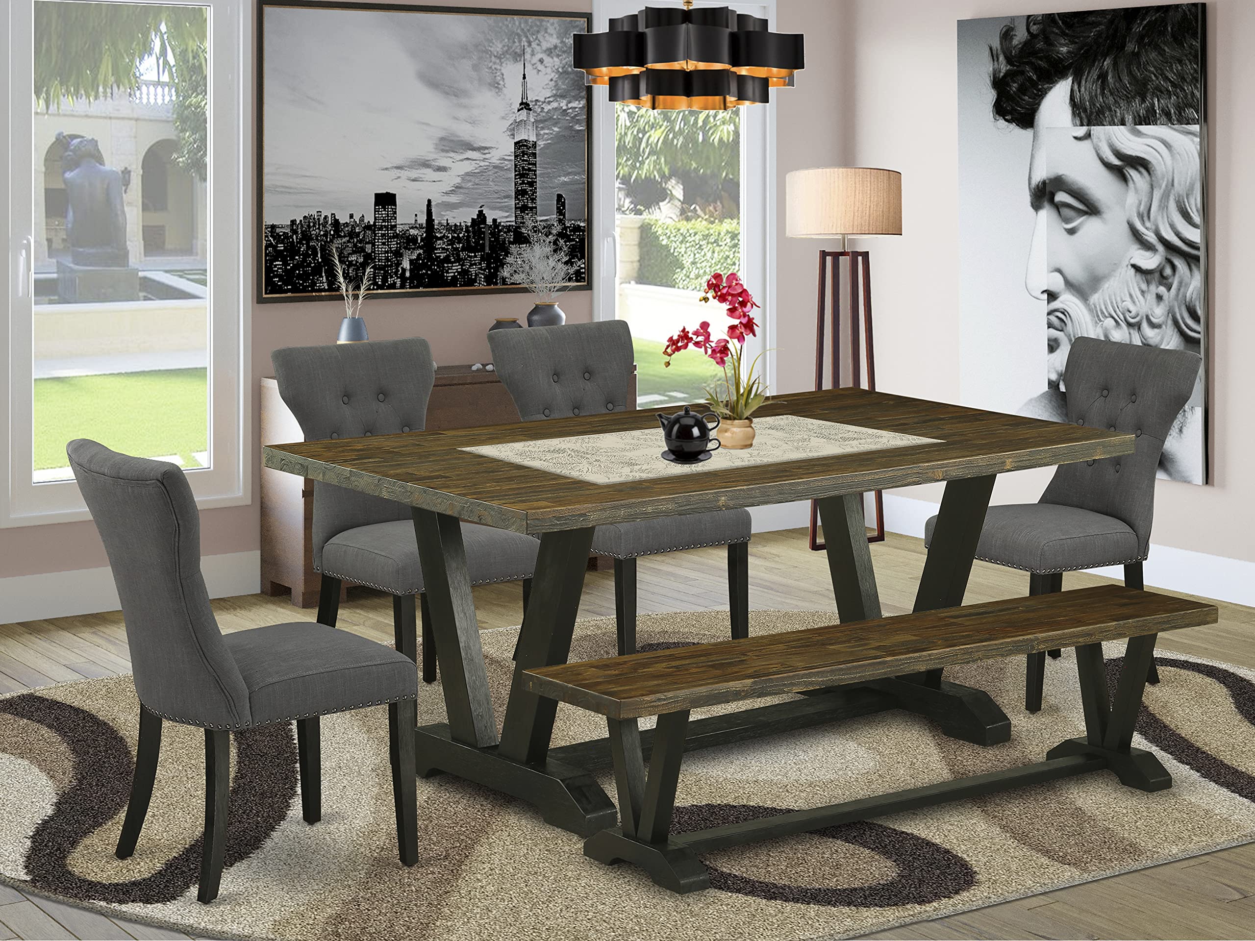 East West Furniture V677Ga650-6 6 Piece Dinette Set Contains A Rectangle Dining Table With V-Legs And 4 Dark Gotham Linen Fabric Parson Chairs With A Bench, 40X72 Inch