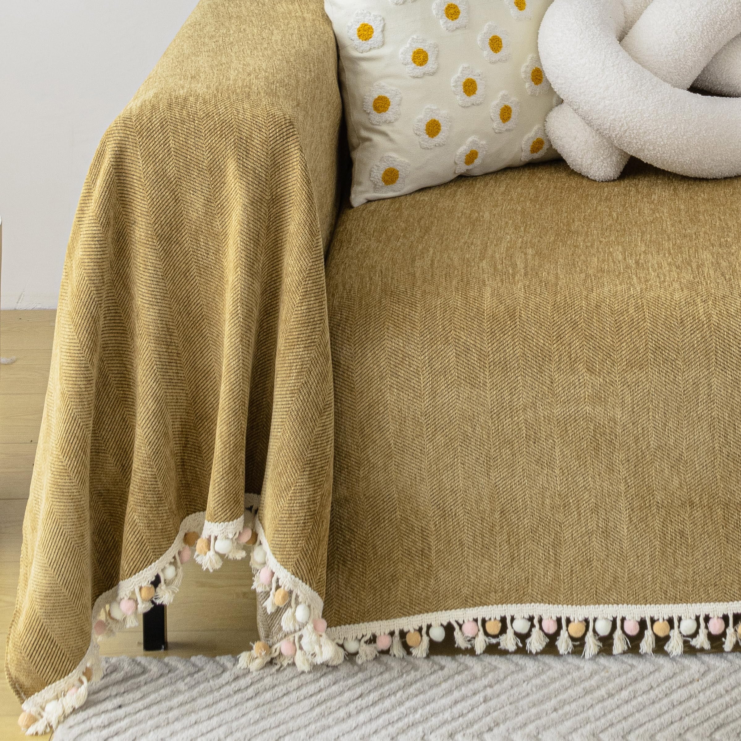 Handontime Boho Mustard Yellow Sofa Cover For Dogs Couch Throw Cover Brown Dog Couch Covers With Tassel Pet Couch Protector Chenille Sofa Slip Cover Armless Sofa Cover, 71' X134'