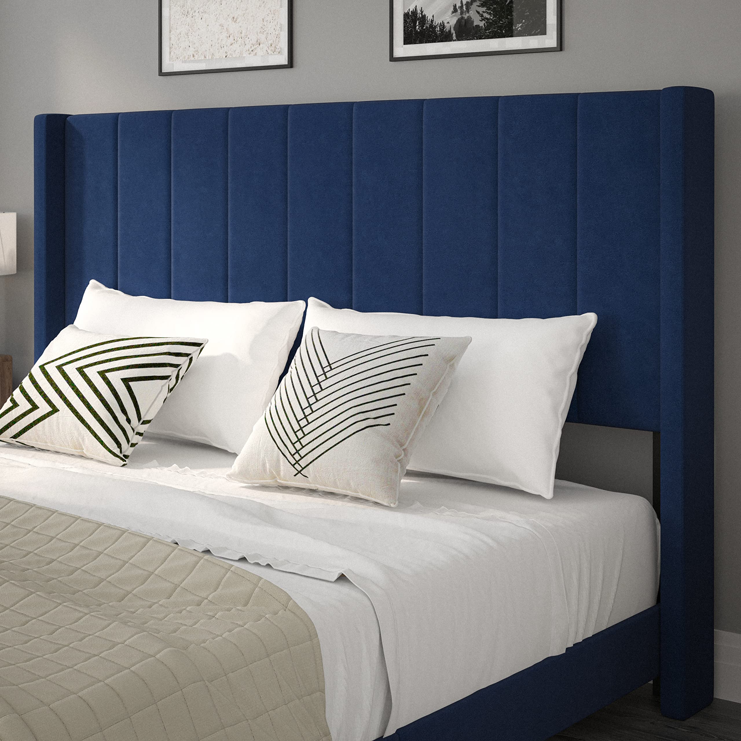 Flash Furniture Bianca Upholstered Platform Bed - Navy Velvet Upholstery - King - Wingback Headboard - Slatted Mattress Foundation - No Box Spring Needed