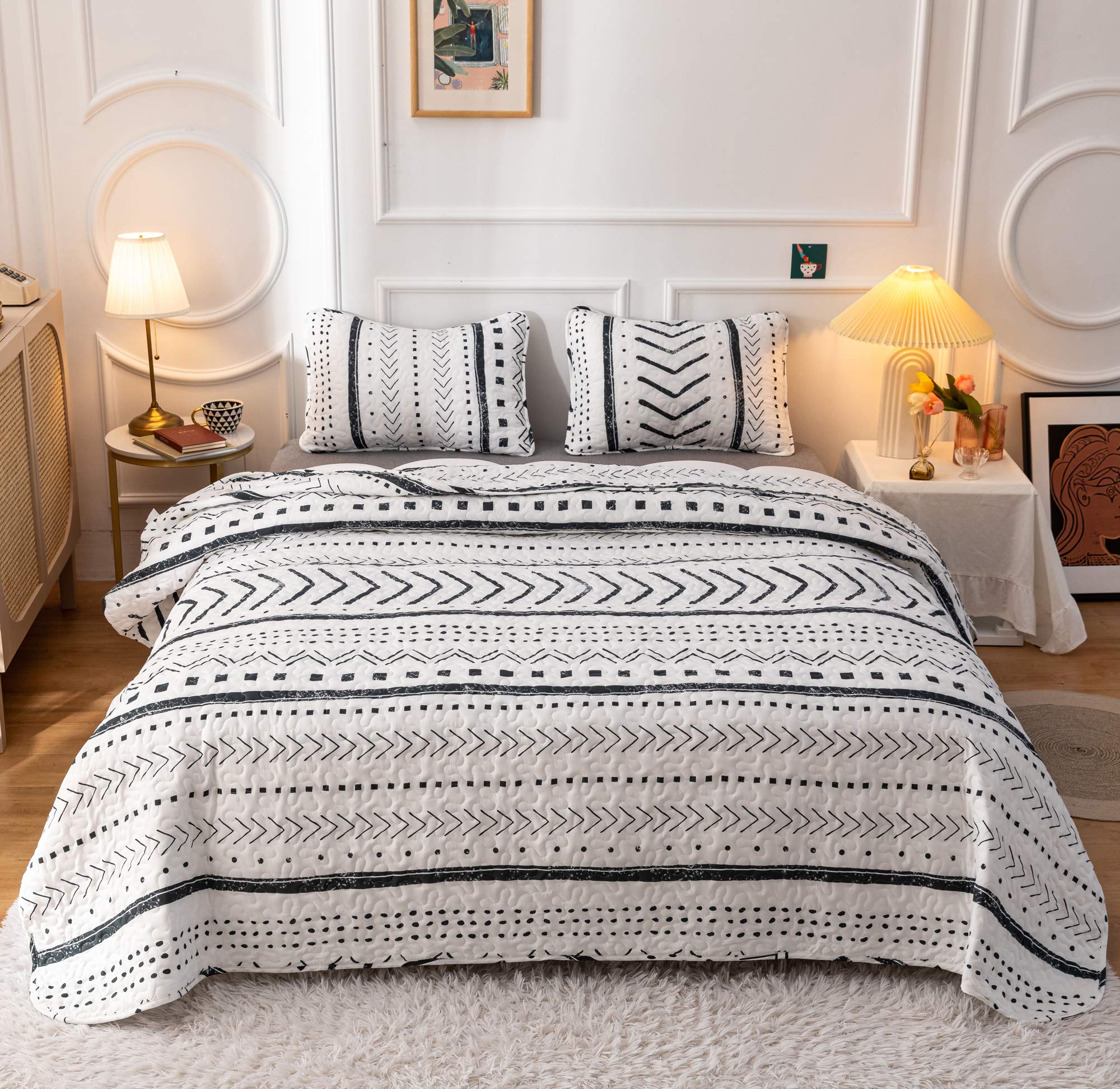 Janzaa Quilt Boho Quilt Set Boho Bedding Bedspreads Queen Size,3 Pcs Bohemian Quilt Set With Geometric Printed For All Season(Tw