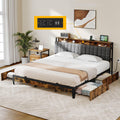 DWVO King Size Bed Frame, Upholstered Platform Bed Frame with 4 Drawers/Charging Station, Storage Headboard Metal Bed Frame Stro
