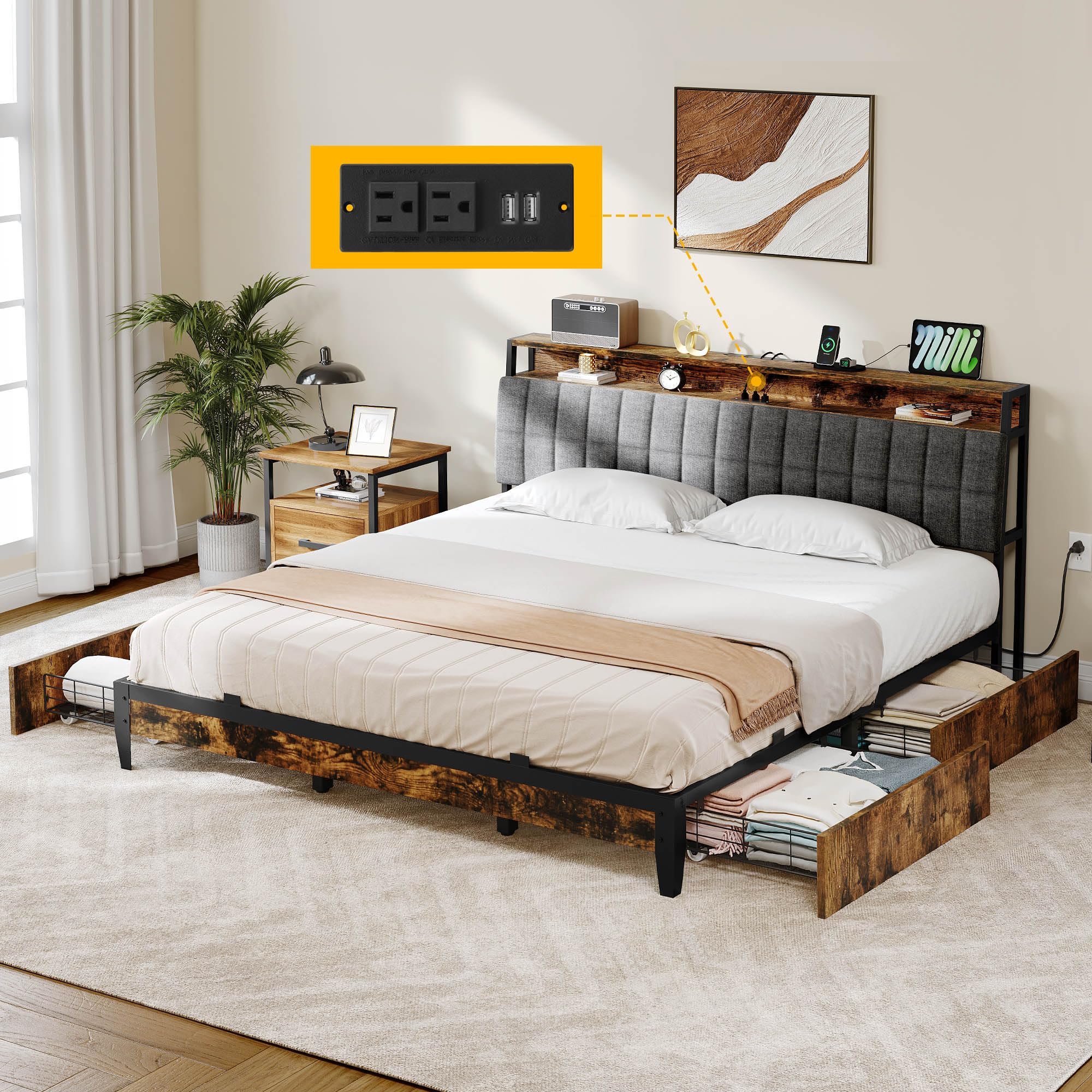 DWVO King Size Bed Frame, Upholstered Platform Bed Frame with 4 Drawers/Charging Station, Storage Headboard Metal Bed Frame Stro