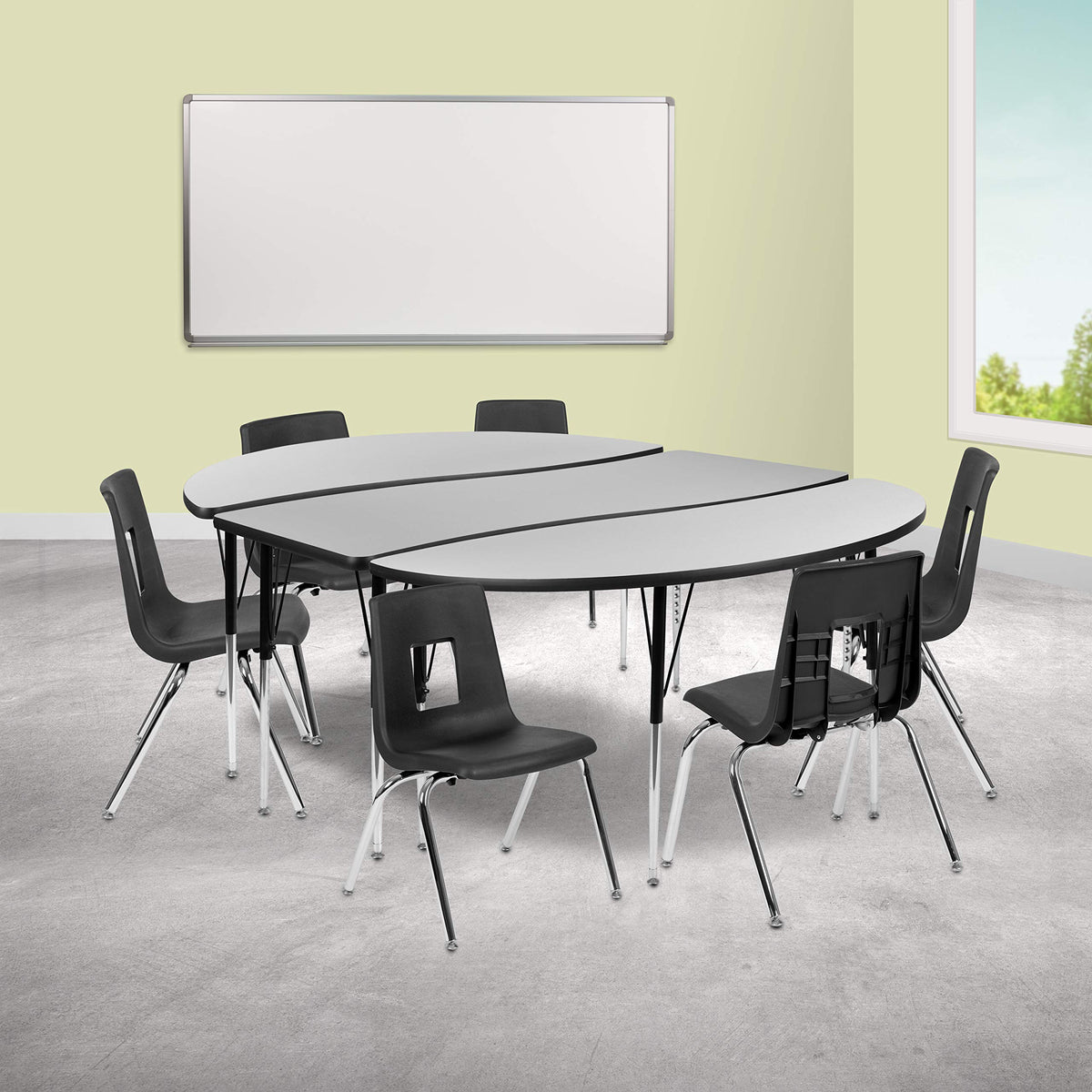 Flash Furniture Emmy 86&quot; Oval Wave Flexible Laminate Activity Table Set With 16&quot; Student Stack Chairs, Grey/Black