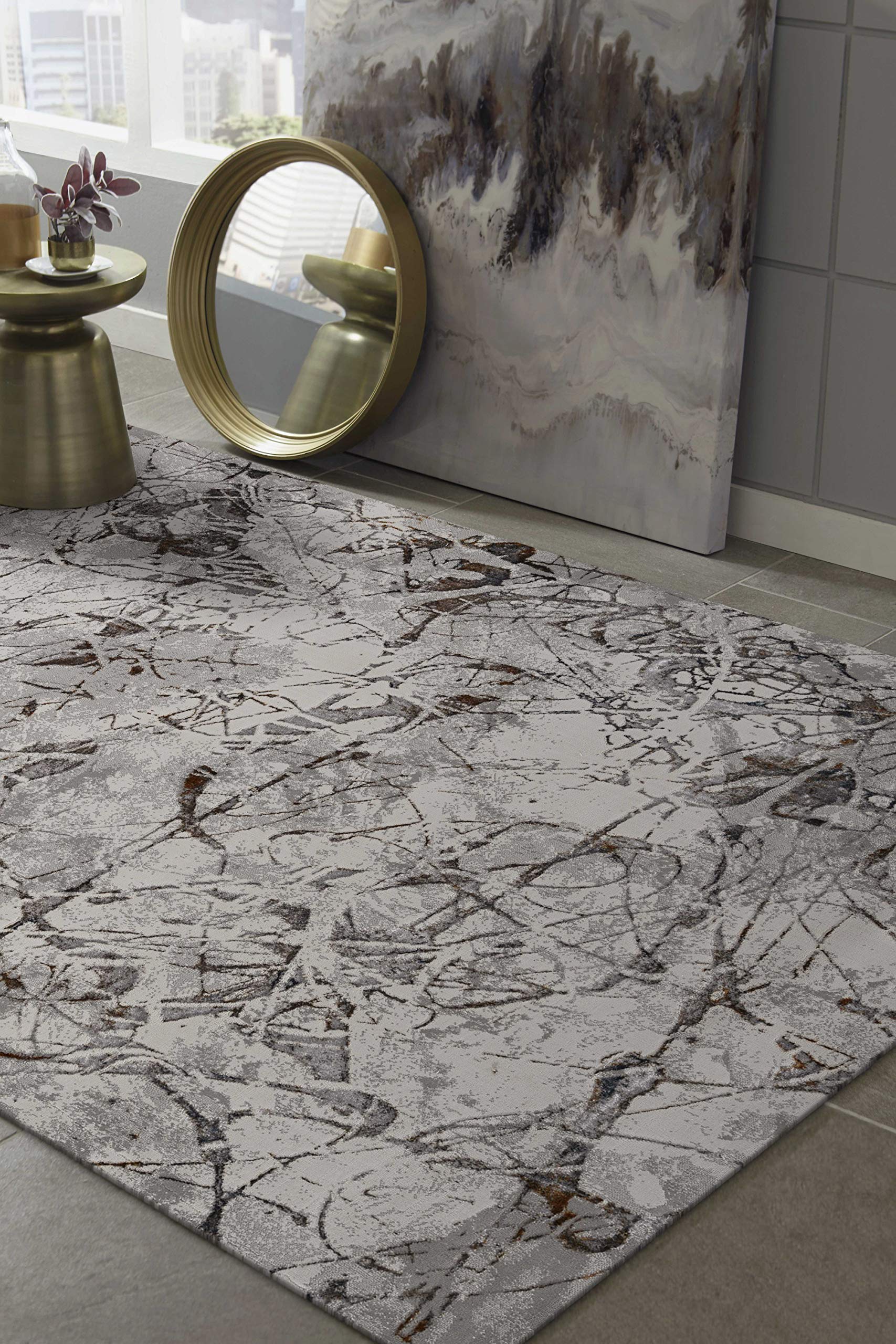 HomeRoots 5'X8' Ivory Grey Machine Woven Abstract Vermicular Indoor Area Rug