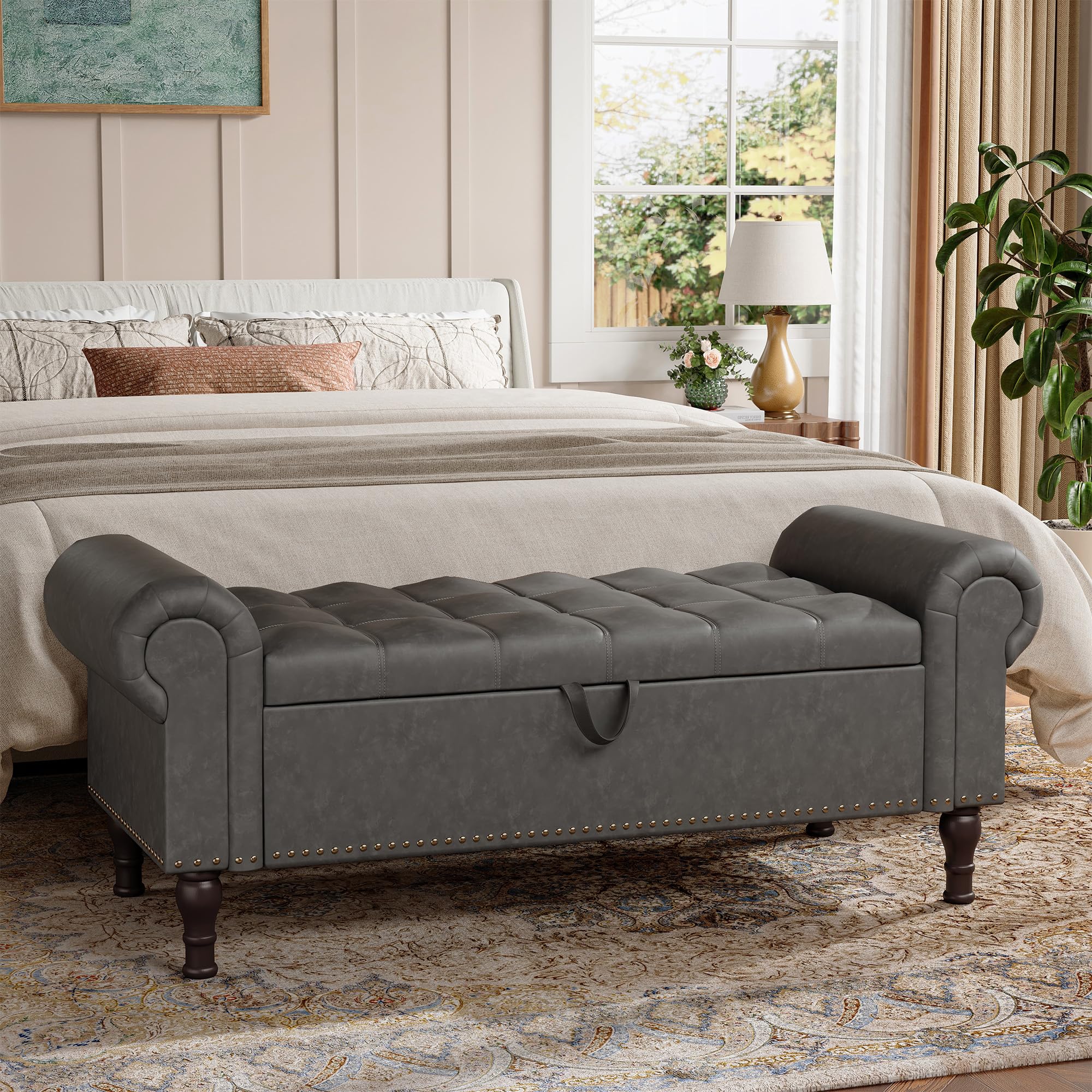 Youdenova Storage Bench For Bedroom, 51' Full Queen Storage Bench, Upholstered Bedroom Bench With Rolled Arms And Vintage Rivet