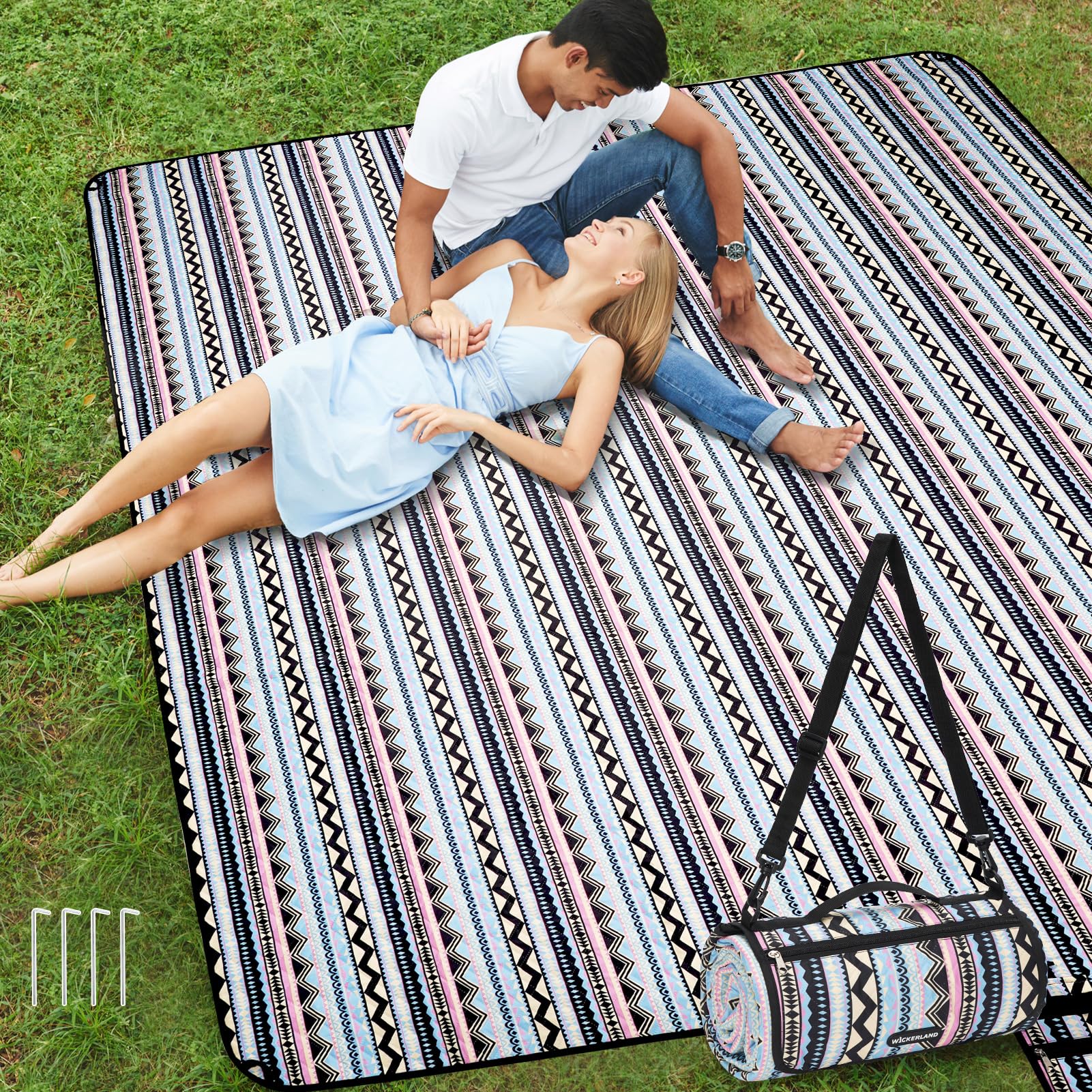 Wickerland Picnic Blankets Extra Large Outdoor - Beach Blanket Waterproof Sandproof With Shoulder Strap, Machine Washable, Picni