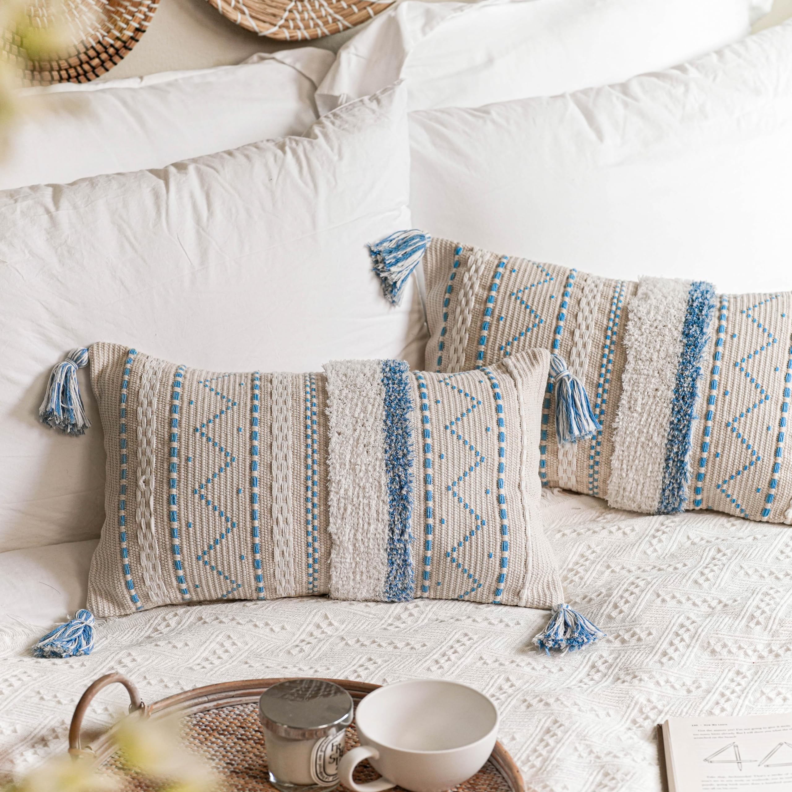 Blissblush Blue Decorative Lumbar Throw Pillow Cover 12X20 Combo Set Of 2 Rectangular Coastal Boho Accent Pillowcase Neutral Far