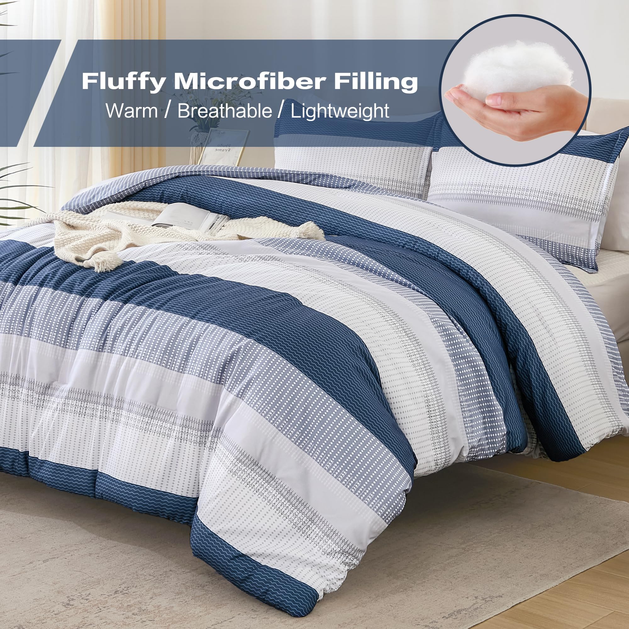 Litanika Mineral Blue Bed Comforter Set Twin/Twin Xl Size, 2 Pieces Lightweight Striped Bedding Comforter Set, Soft All Season D