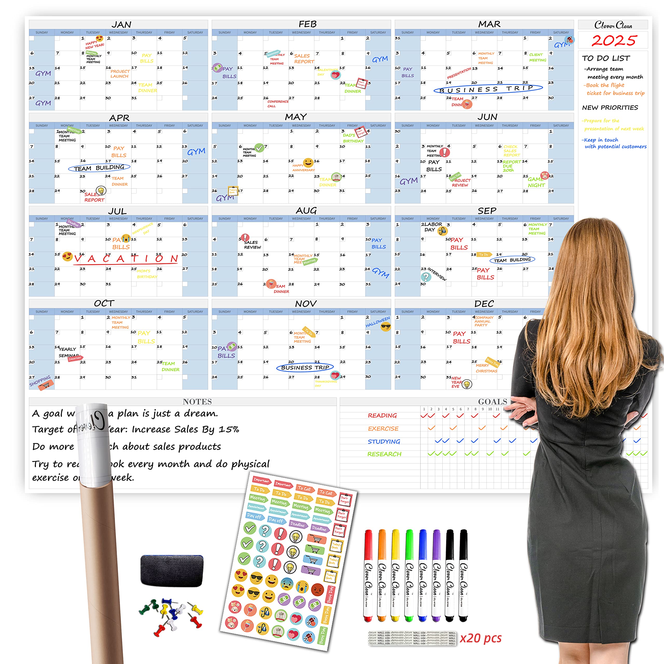 Clever Clean Large Dry Erase Wall Calendar - 48'X58' 12-Month 2025 Undated Yearly Calendar For Home, Office, School Projects -