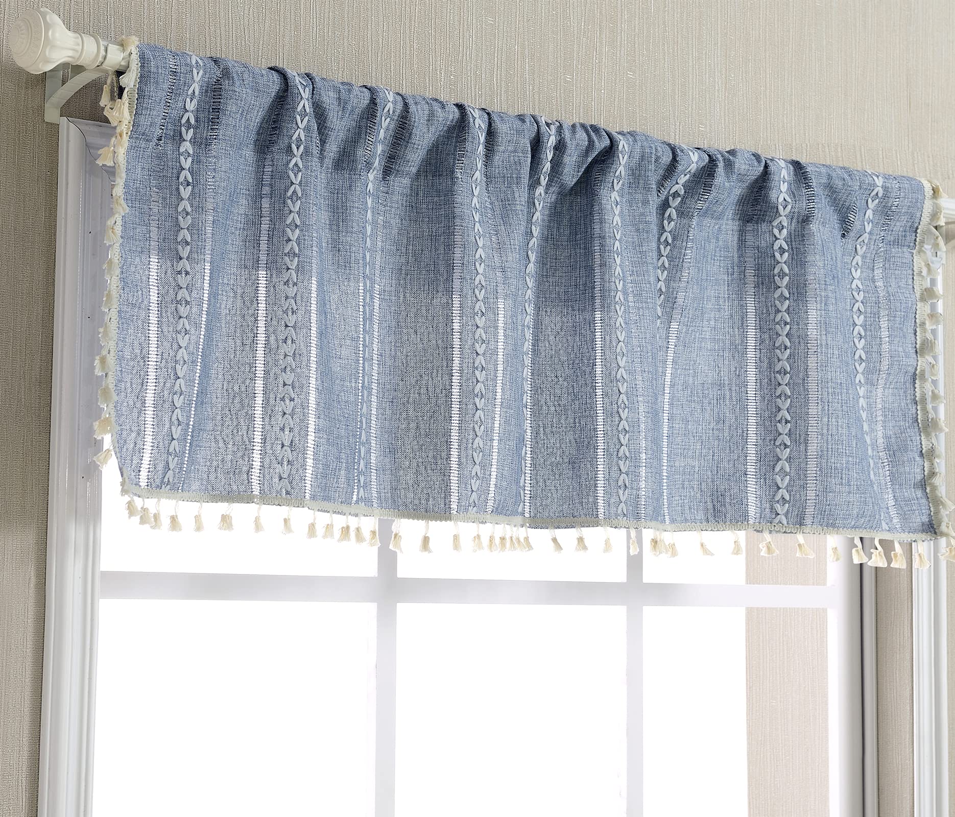 Roomtalks Boho Kitchen Valances For Windows Embroidered French Striped Farmhouse Vintage Chic Textured Tassel Curtain Valances F
