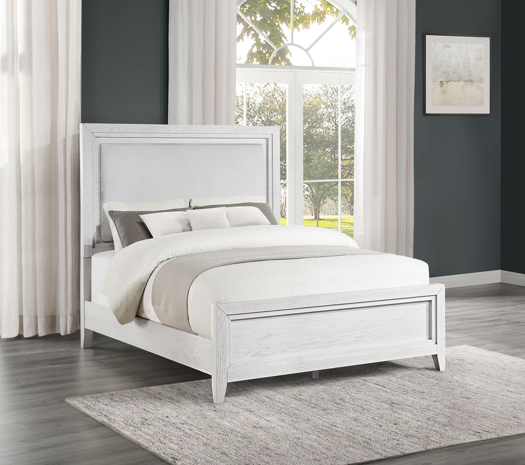 Coaster Home Furnishings Marielle Coastal Fabric Upholstered Queen Size Panel Bed Frame 64-inch Headboard Distressed White 224841Q