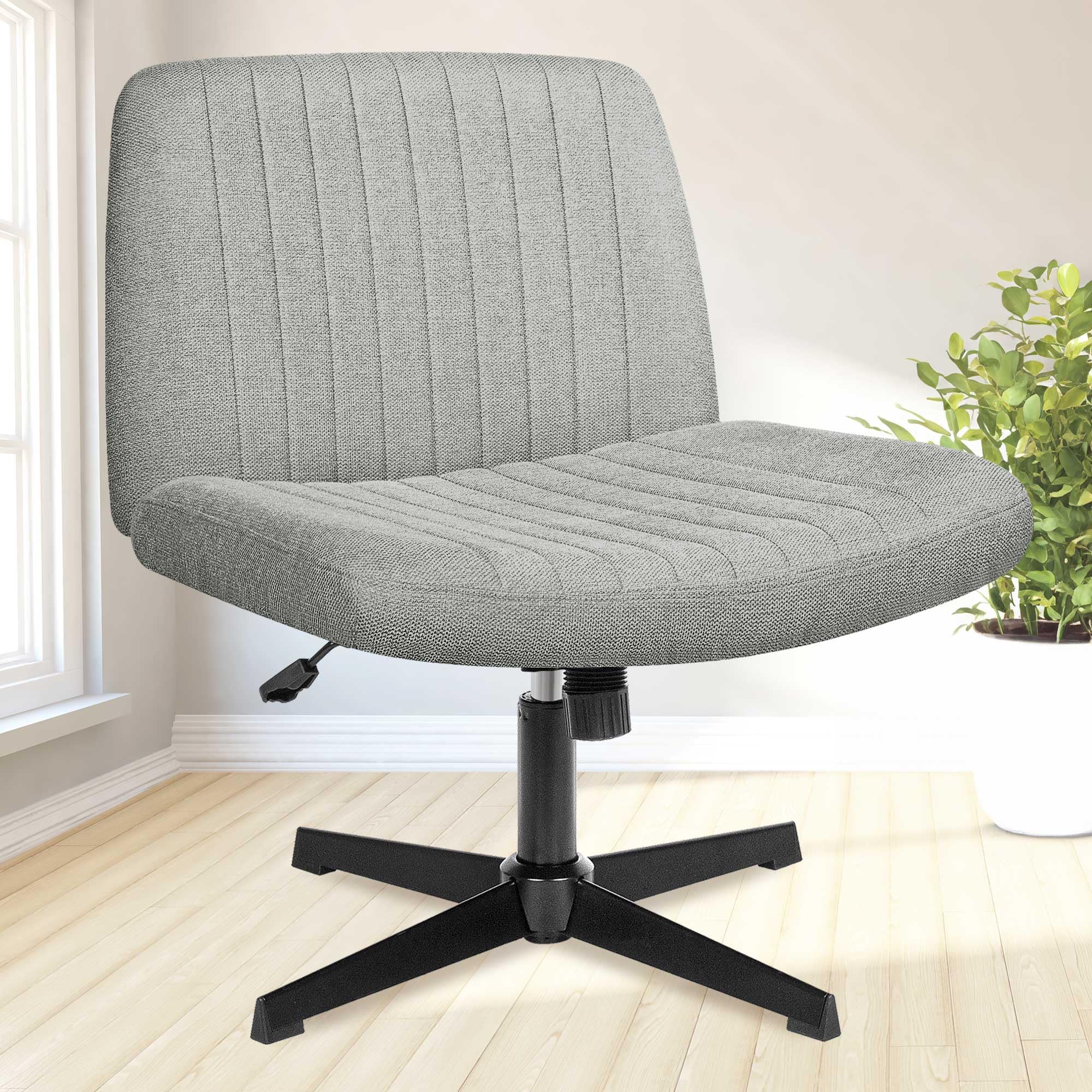 Neo Chair Criss Cross Chair No Wheels Armless Cross Legged Office Desk Wide Comfy Vanity Makeup Chair Adjustable Computer Task For Home Office Fabric (Grey)