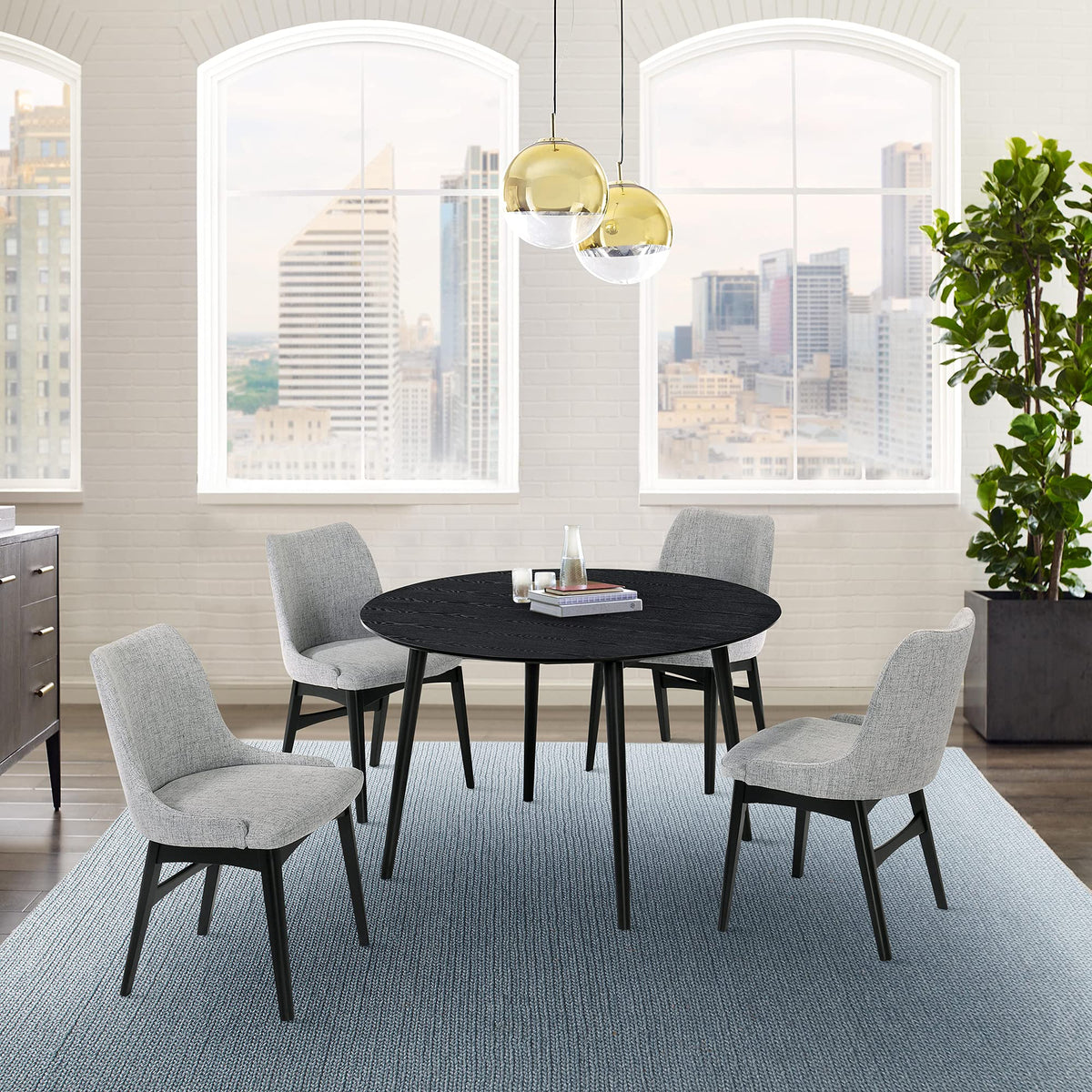 Armen Living Arcadia and Azalea 5 Piece Dining Set, 48'' Round, Grey/Black Wood
