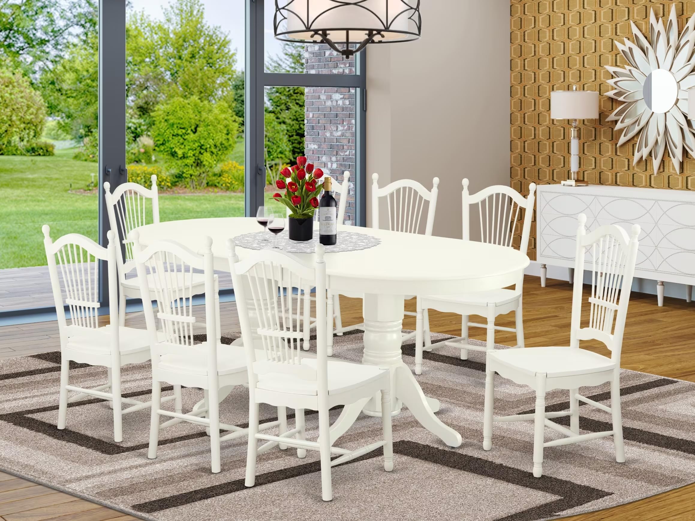 East West Furniture Vado9-Lwh-W 9 Piece Dining Room Table Set Includes An Oval Wooden Table With Butterfly Leaf And 8 Kitchen Dining Chairs, 40X76 Inch, Linen White