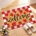 Tinideya 2 Pcs Strawberry Door Mat Fruit Pattern Design Welcome Non Slip Coir Mats Red and White Plaid Floor Layering Doormats S