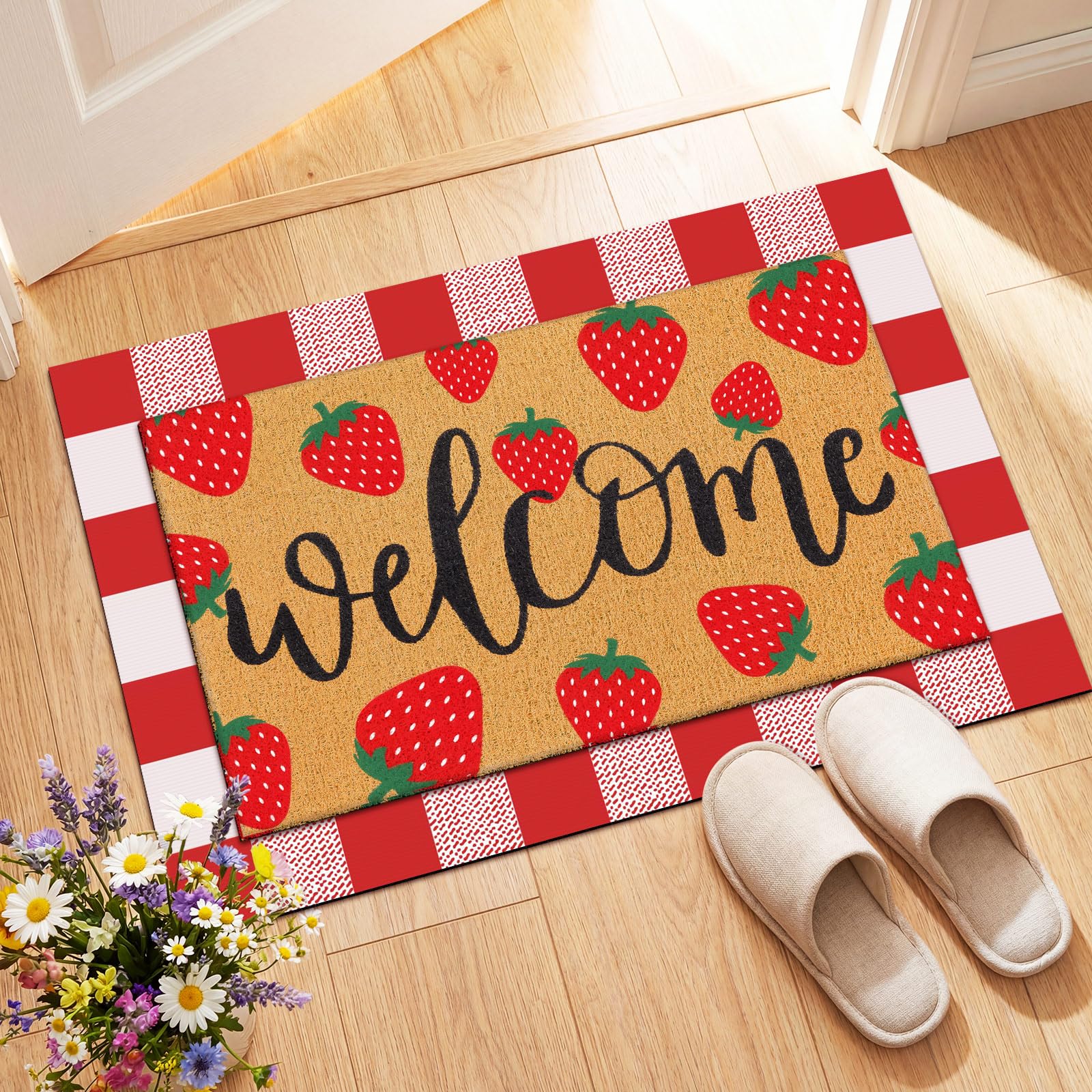Tinideya 2 Pcs Strawberry Door Mat Fruit Pattern Design Welcome Non Slip Coir Mats Red and White Plaid Floor Layering Doormats S