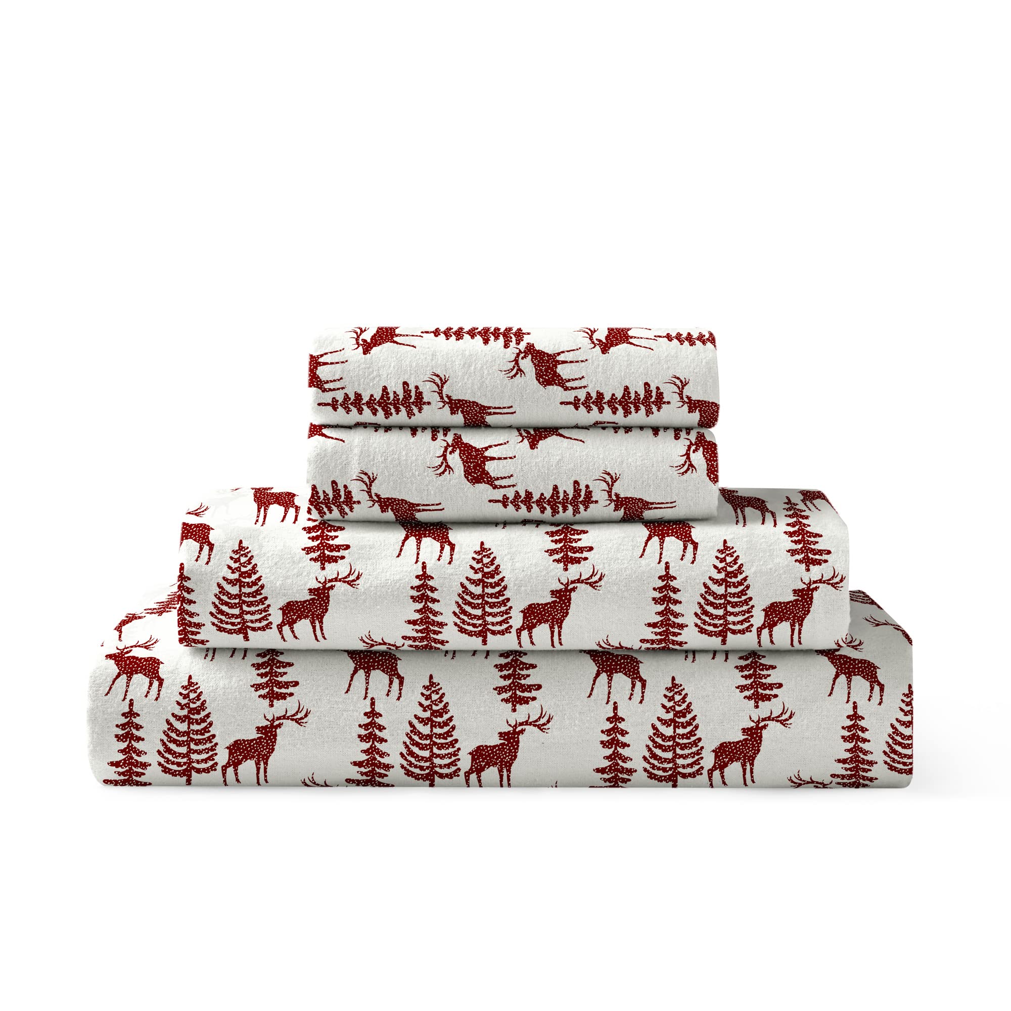 Brielle Home Flannel Sheet Set Cotton Soft Warm & Cozy Modern Chic With Elastic Deep Pockets, Full, Deers Red