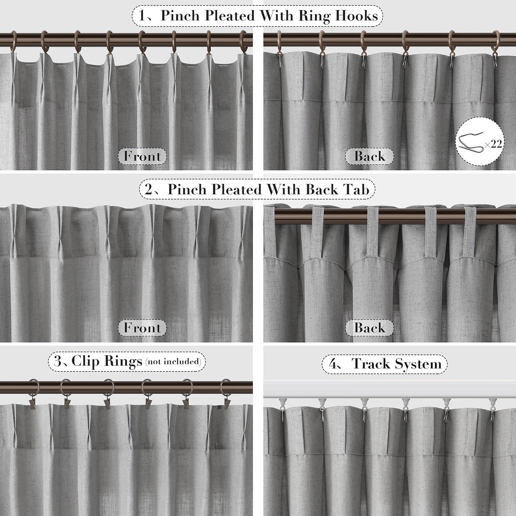 Joywell Linen Pinch Pleated Curtains 120 Inch Long,Back Tab Clip Rings Semi Sheer Light Filtering Soft Lightweight Drapes With Hooks Boho For Bedroom Living Room,W50 X L120,Grey,2 Panels Set
