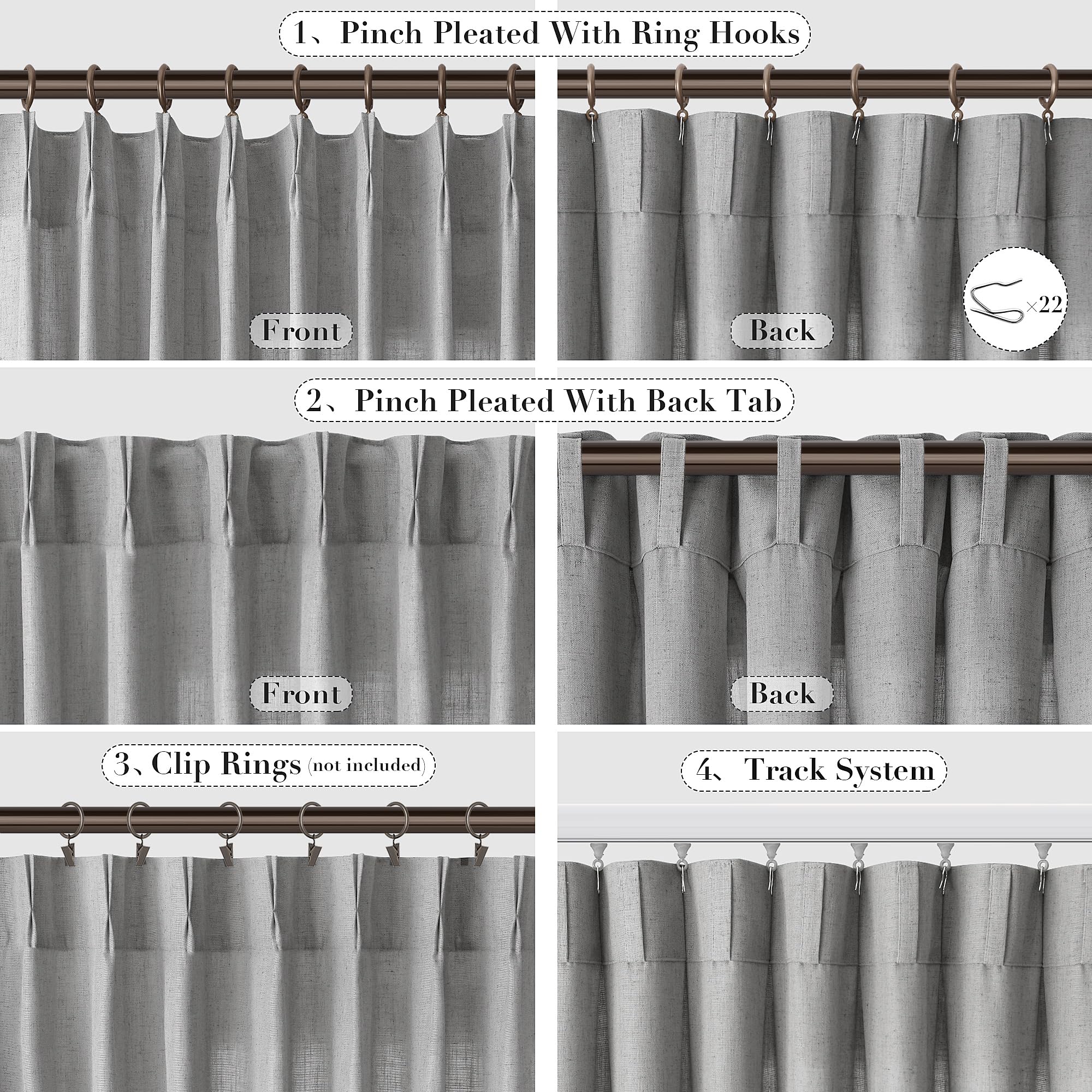 Joywell Linen Pinch Pleated Curtains 120 Inch Long,Back Tab Clip Rings Semi Sheer Light Filtering Soft Lightweight Drapes With Hooks Boho For Bedroom Living Room,W50 X L120,Grey,2 Panels Set