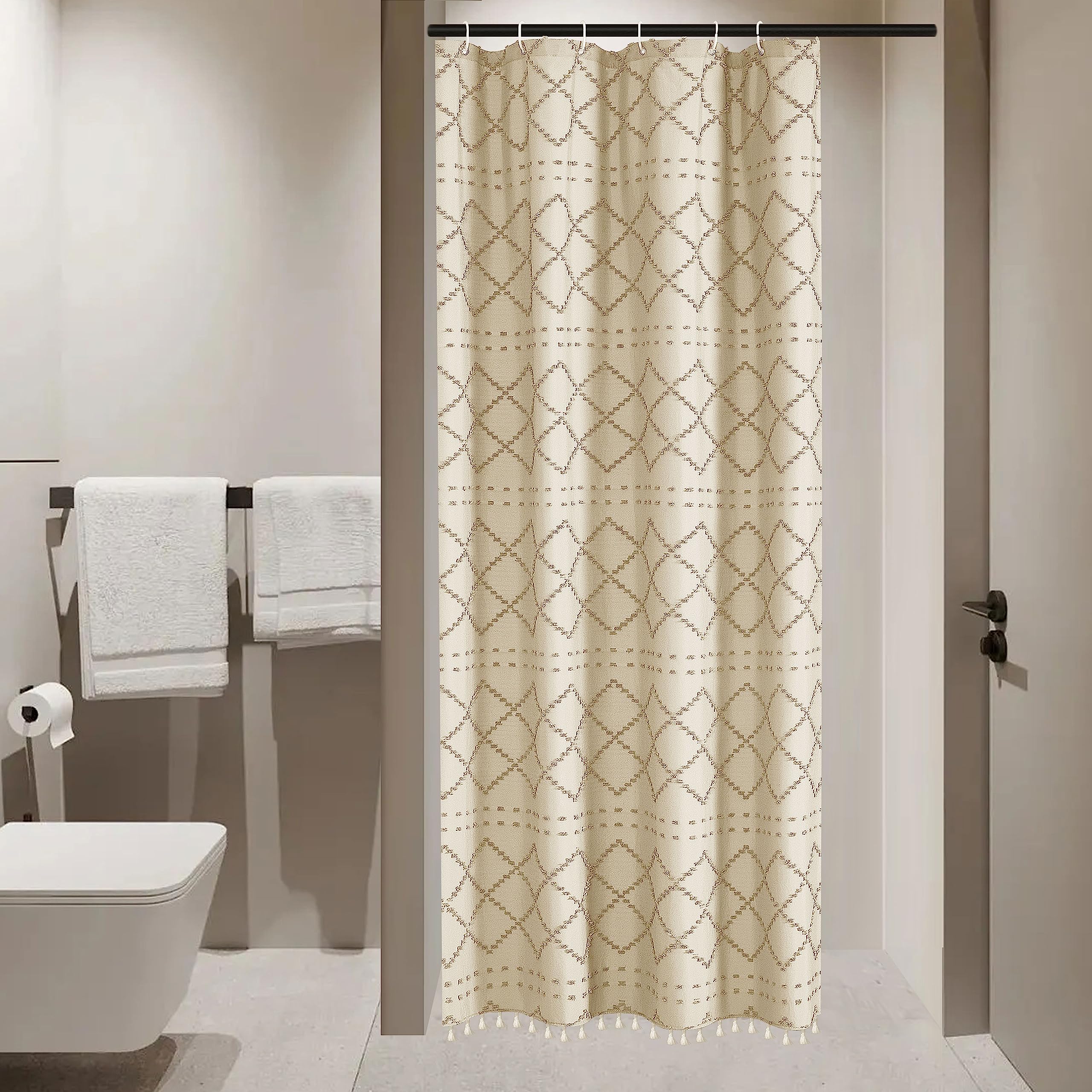 Small Stall Boho Shower Curtain Cream/Beige Tassle Woven Fabric Shower Curtain 36 X 72 Half Size Tufted Chevron Striped Textured