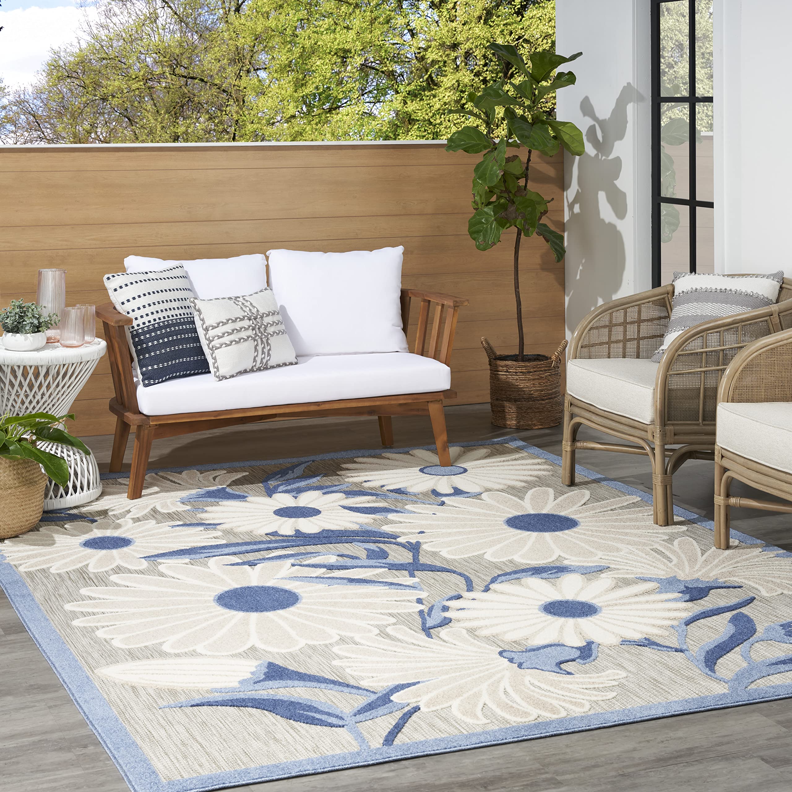 Nourison Aloha Indoor/Outdoor Blue/Grey 7'10' X 10'6' Area Rug, Easy Cleaning, Non Shedding, Bed Room, Living Room, Dining Room, Kitchen (8X11)