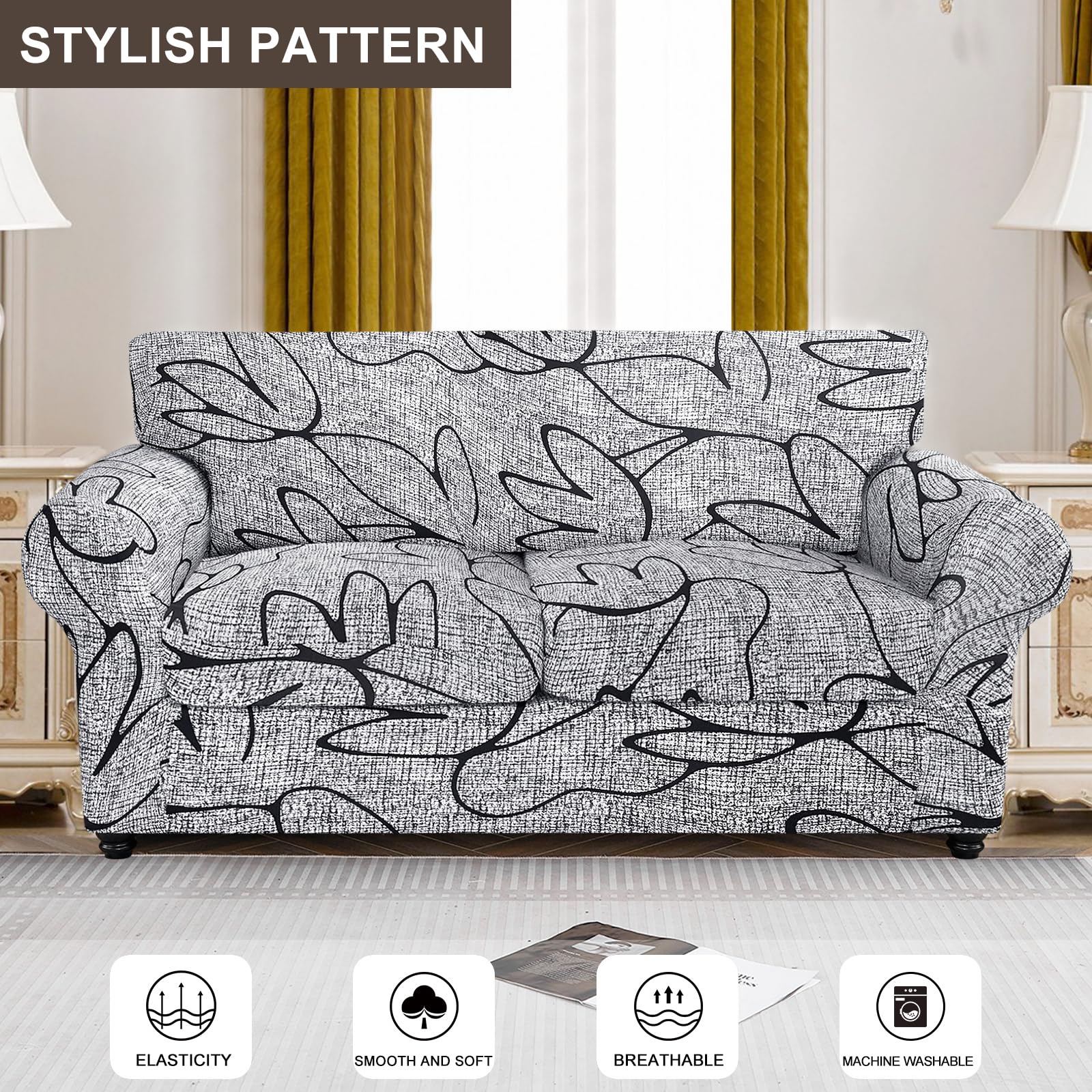 Searchi Stretch Sofa Cover Printed Couch Cover, Floral Pattern 3 Pieces Loveseat Slipcover With 2 Separate Cushion Cover, Washable Furniture Protector For Living Room(Loveseat, Grey Lotus+White)