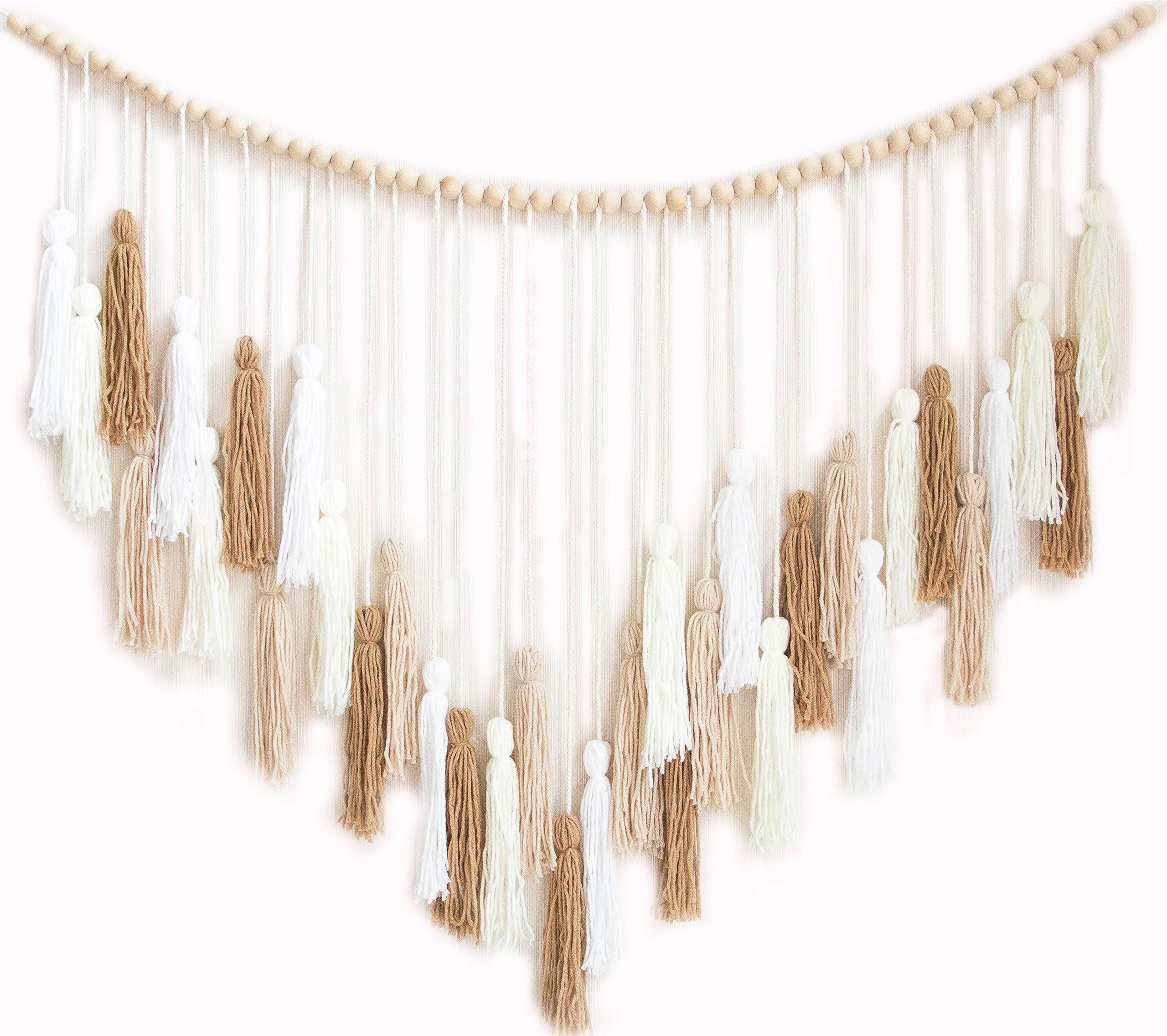 Decocove Large Macrame Wall Hanging with Wood Beads - Bohemian Wall Decor for Bedroom, Living Room and Kitchen - Cream and Beige