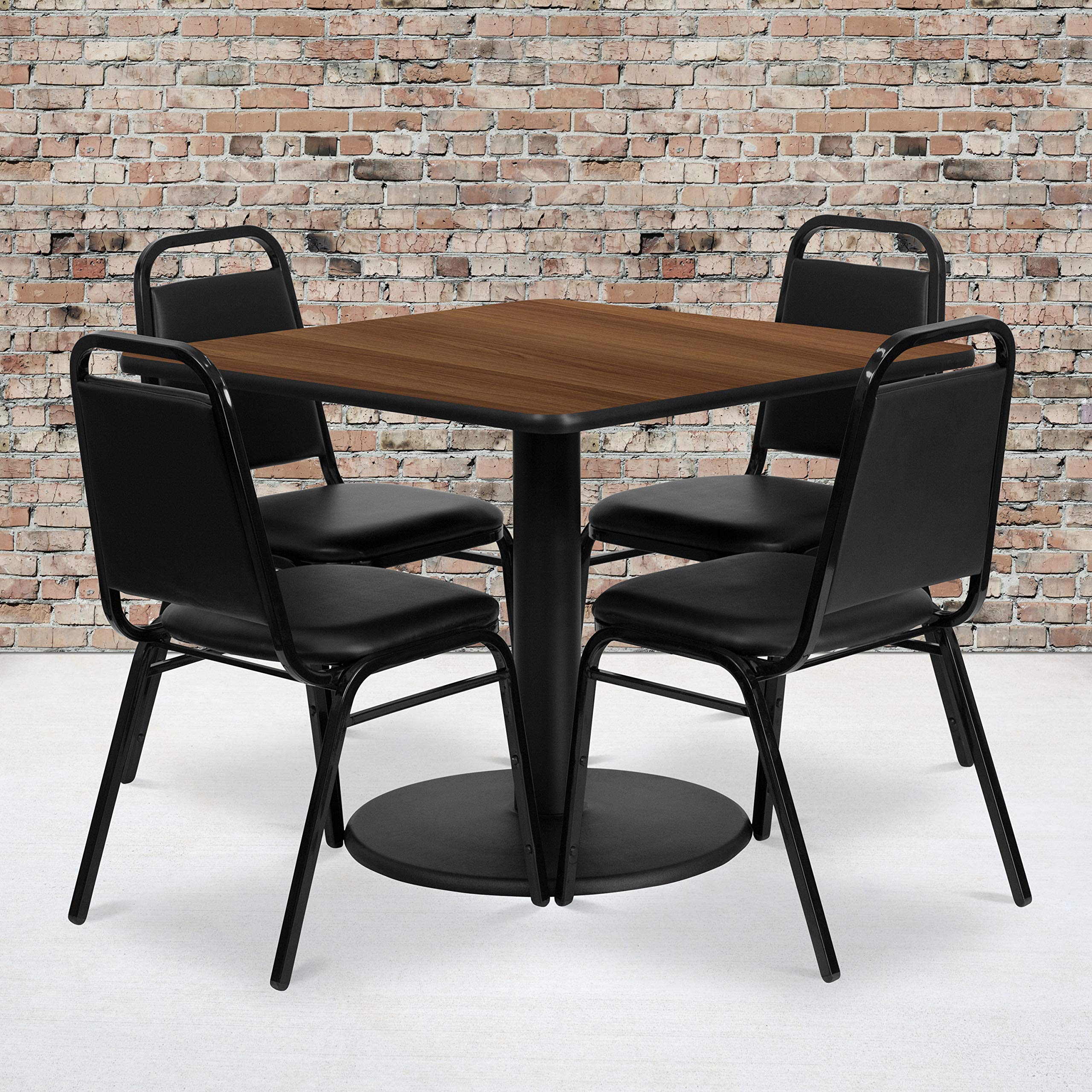 Flash Furniture Jamie 36'' Square Walnut Laminate Table Set With Round Base And 4 Black Trapezoidal Back Banquet Chairs
