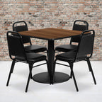 Flash Furniture Jamie 36'' Square Walnut Laminate Table Set With Round Base And 4 Black Trapezoidal Back Banquet Chairs