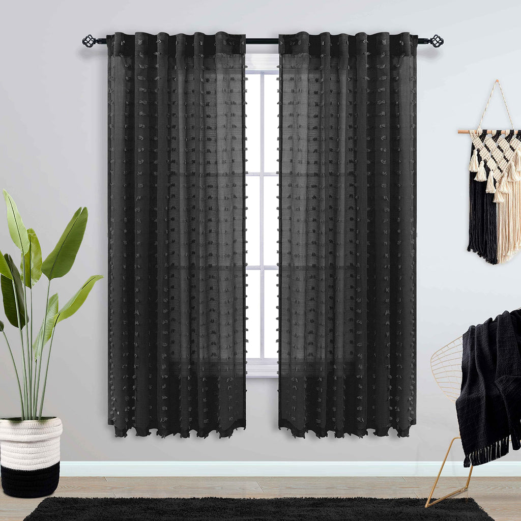 Koufall Black Curtains For Window Bedroom 63 Inch Length 2 Panels Set Lace Pom Pom Back Tab Rod Pocket Modern Chic Semi Sheer Black Curtains For Living Room Dining Room