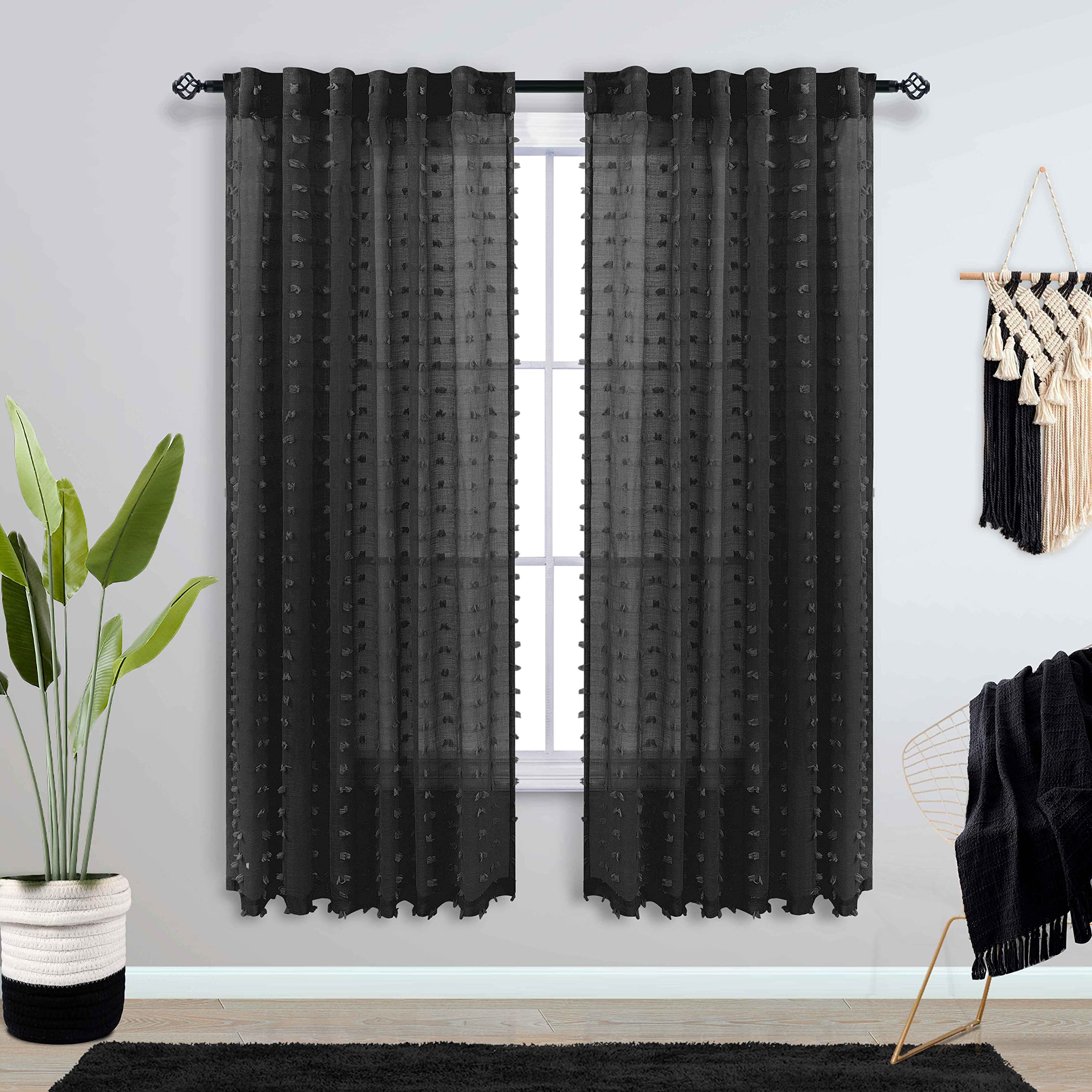 Koufall Black Curtains For Window Bedroom 63 Inch Length 2 Panels Set Lace Pom Pom Back Tab Rod Pocket Modern Chic Semi Sheer Black Curtains For Living Room Dining Room