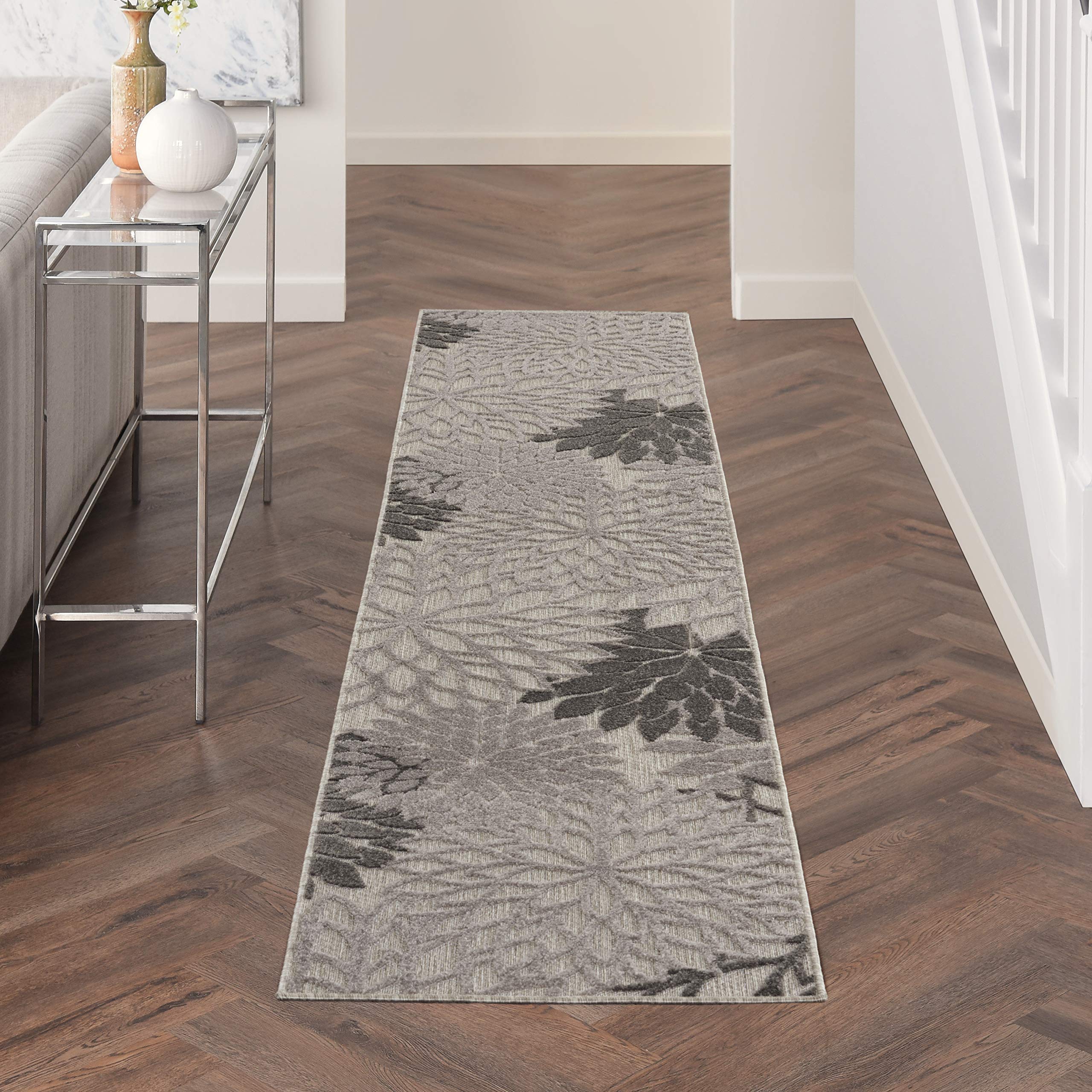 Nourison Aloha Indoor/Outdoor Floral Silver Grey 2'3' X 12' Area Rug, (12' Runner)