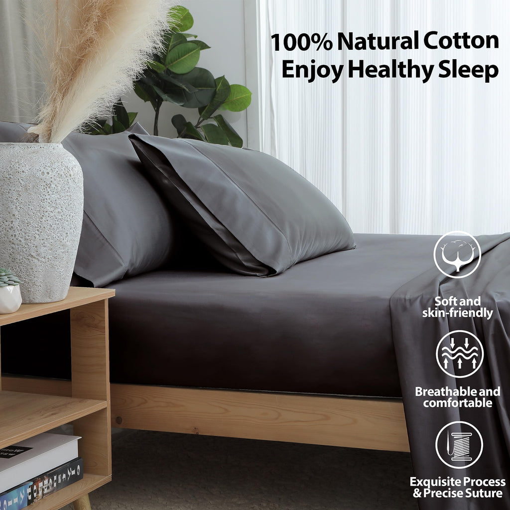 2-Pack Pure Cotton Fitted Sheet Queen Size, 600 Thread Count 16'' Deep Pocket Egyptian Cotton Fitted Sheet (2Pcs, Queen, Dark Gr